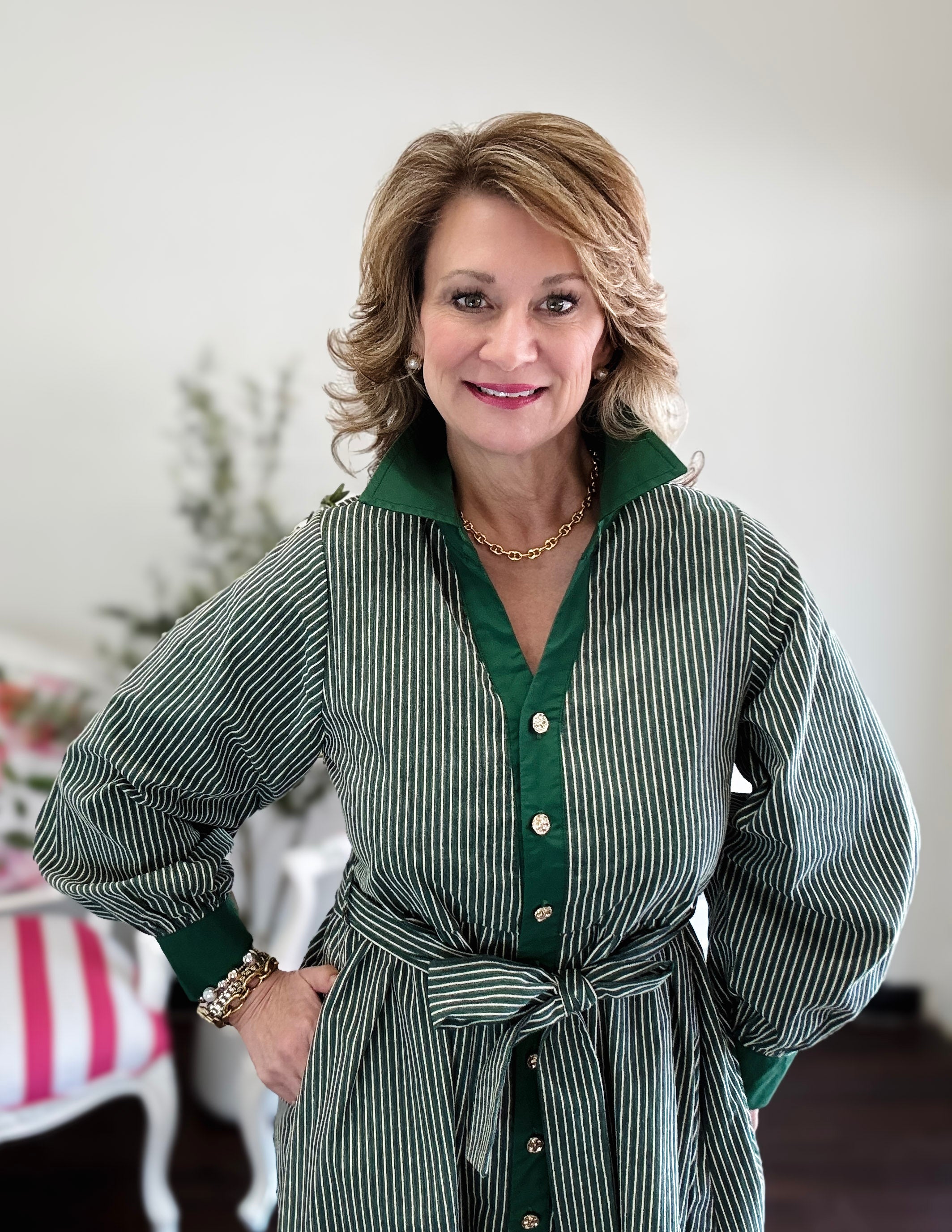 Above the Knee Textured Stripe Dress - Green