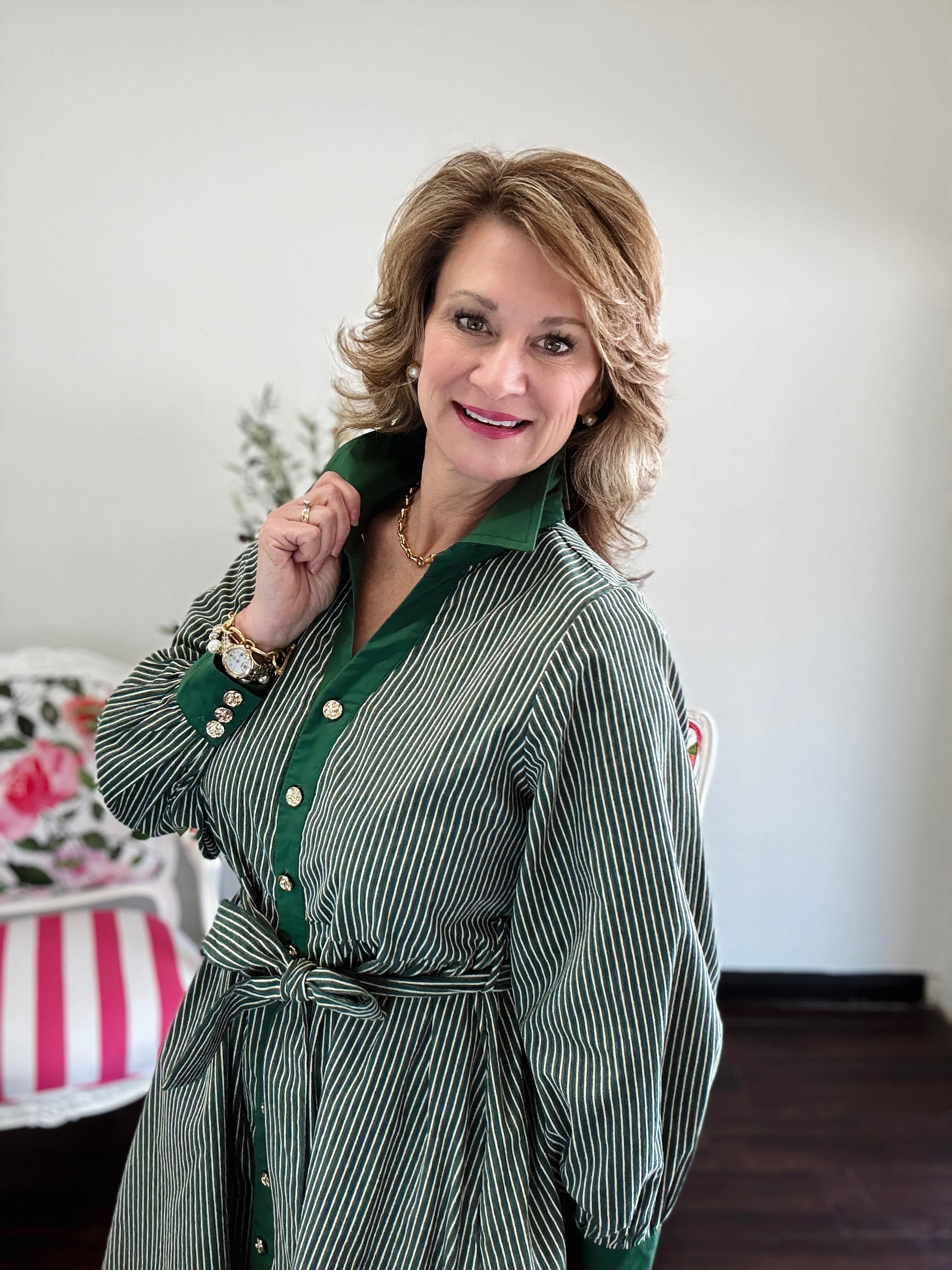 Above the Knee Textured Stripe Dress - Green