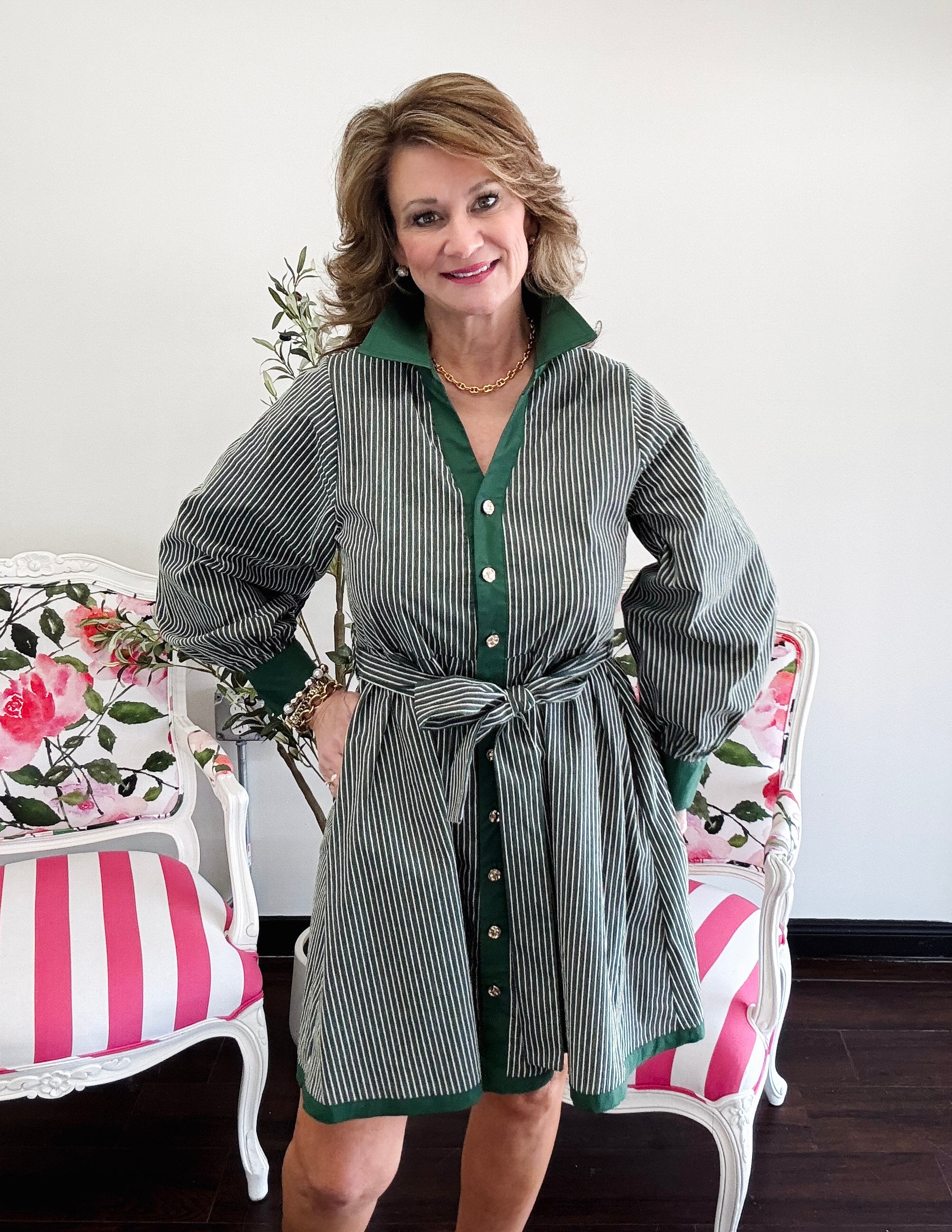 Above the Knee Textured Stripe Dress - Green