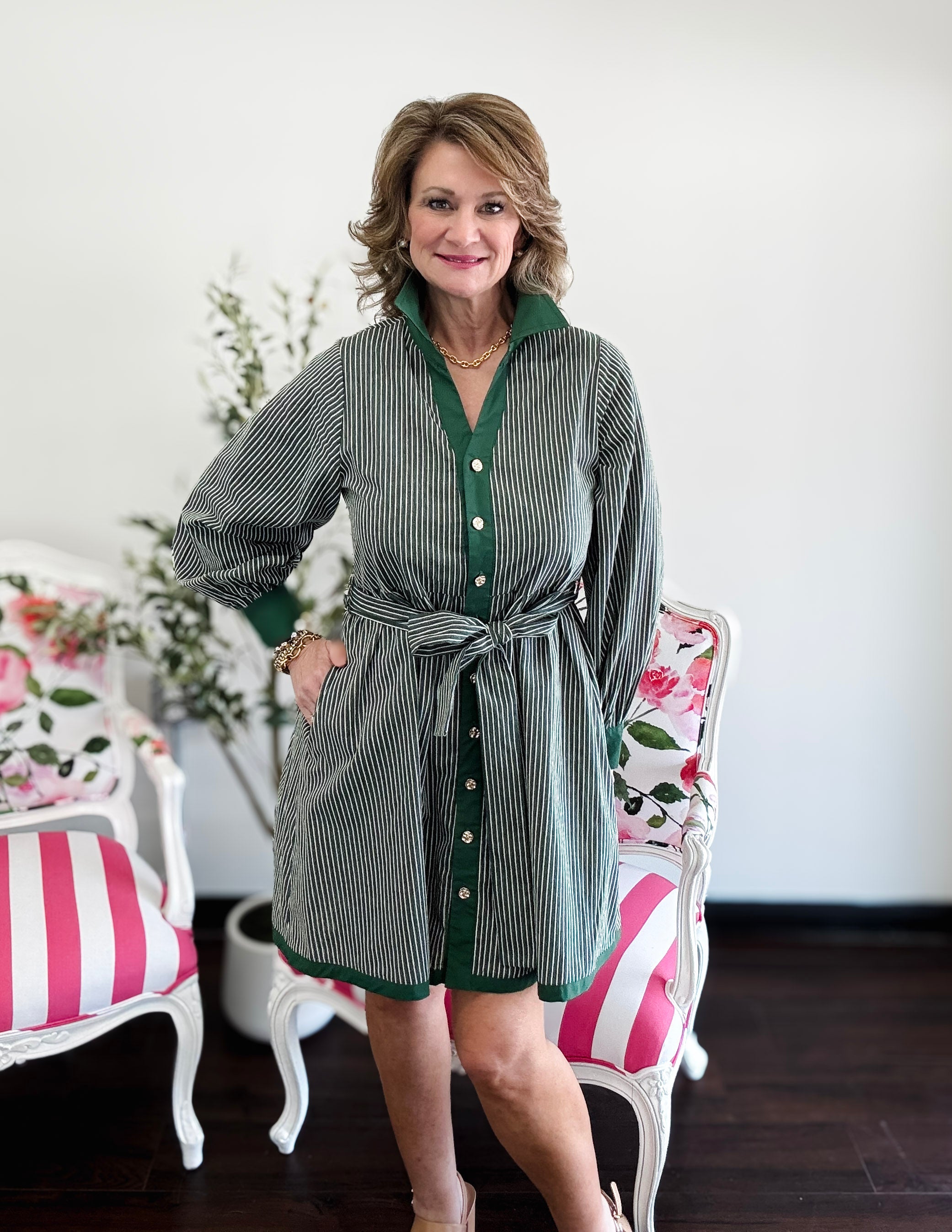 Above the Knee Textured Stripe Dress - Green