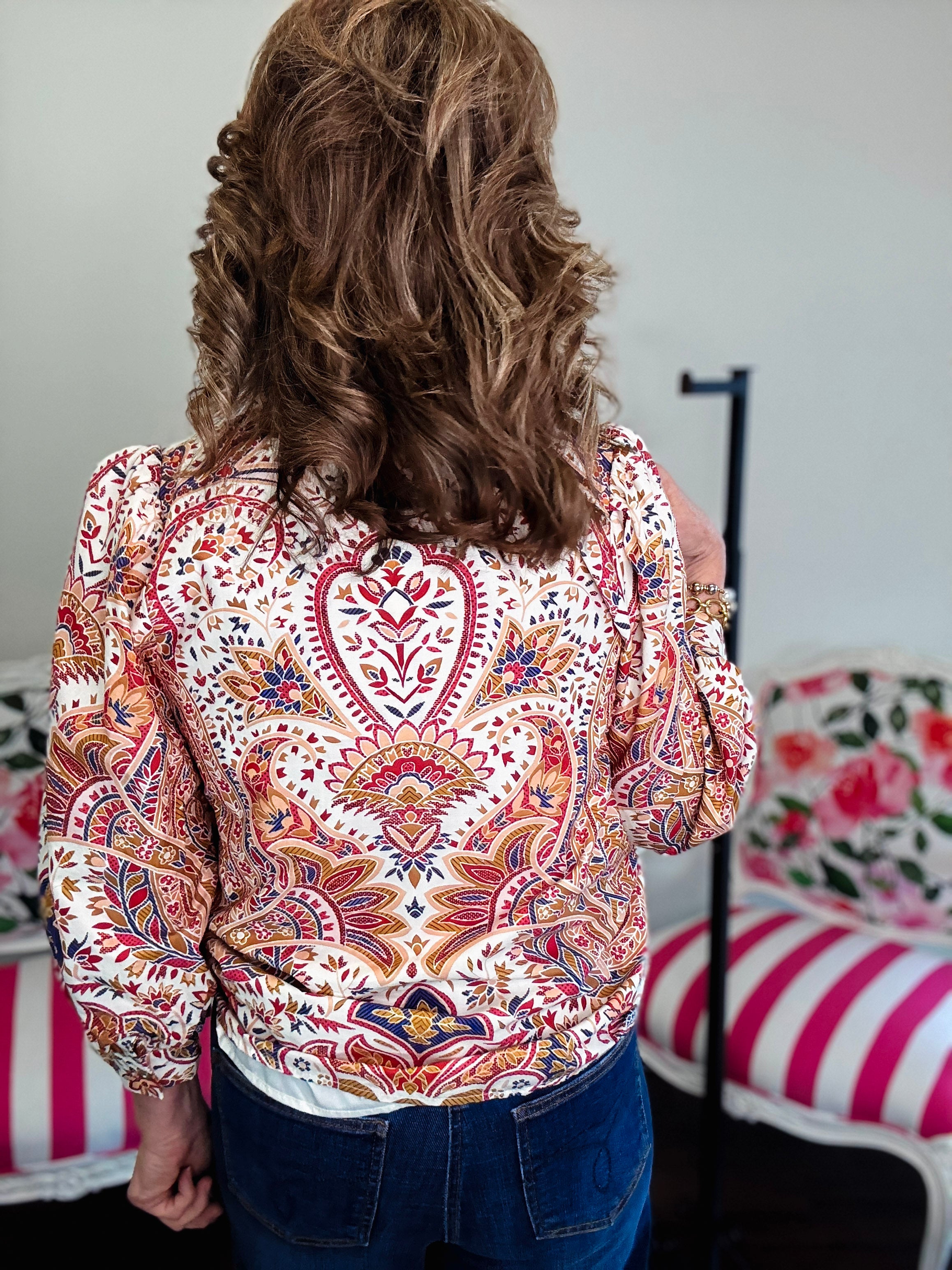 Alena 3/4 Puff Sleeve Boho Button Down Blouse-Cream