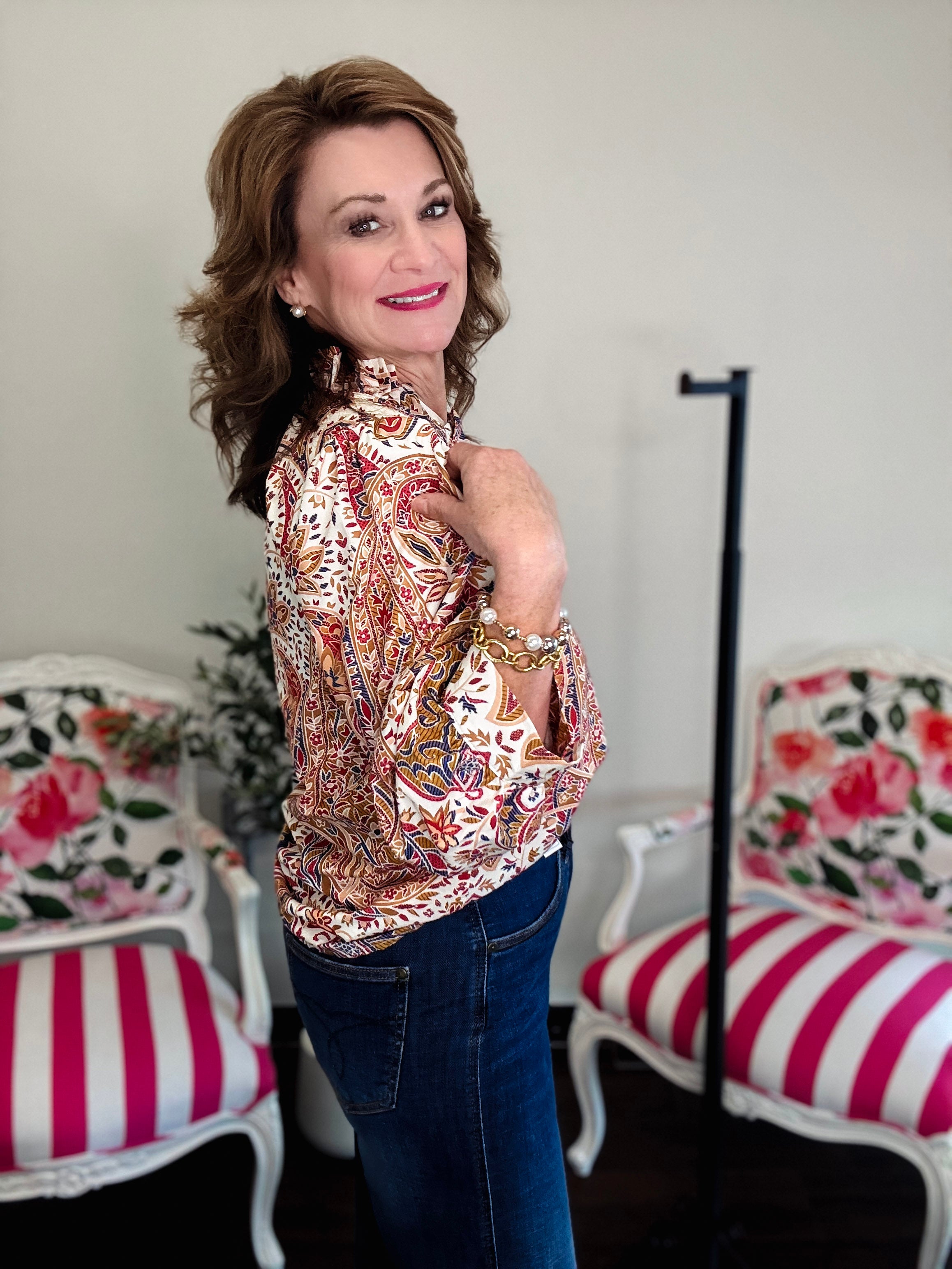 Alena 3/4 Puff Sleeve Boho Button Down Blouse-Cream