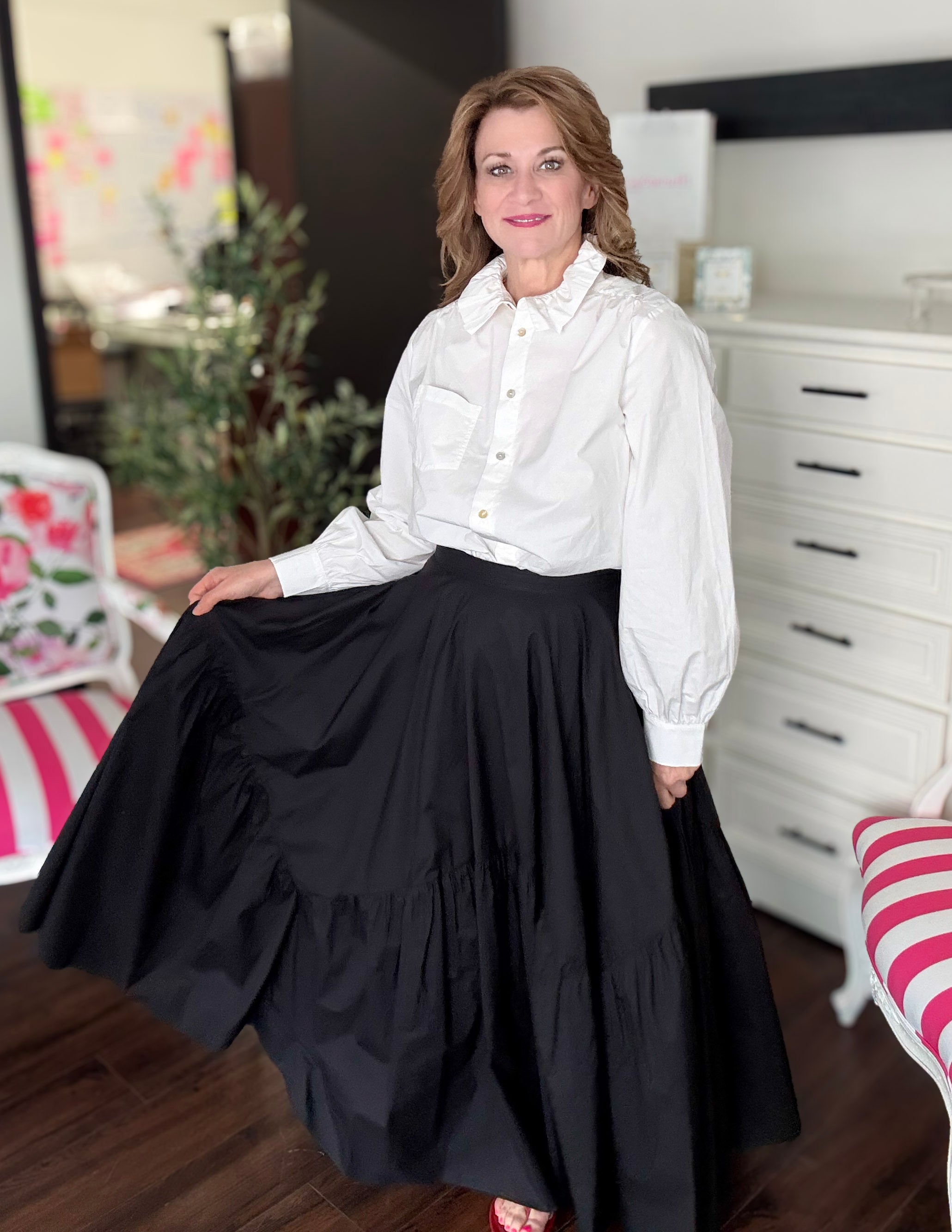 Asymmetrical Tiered Maxi Skirt-Black
