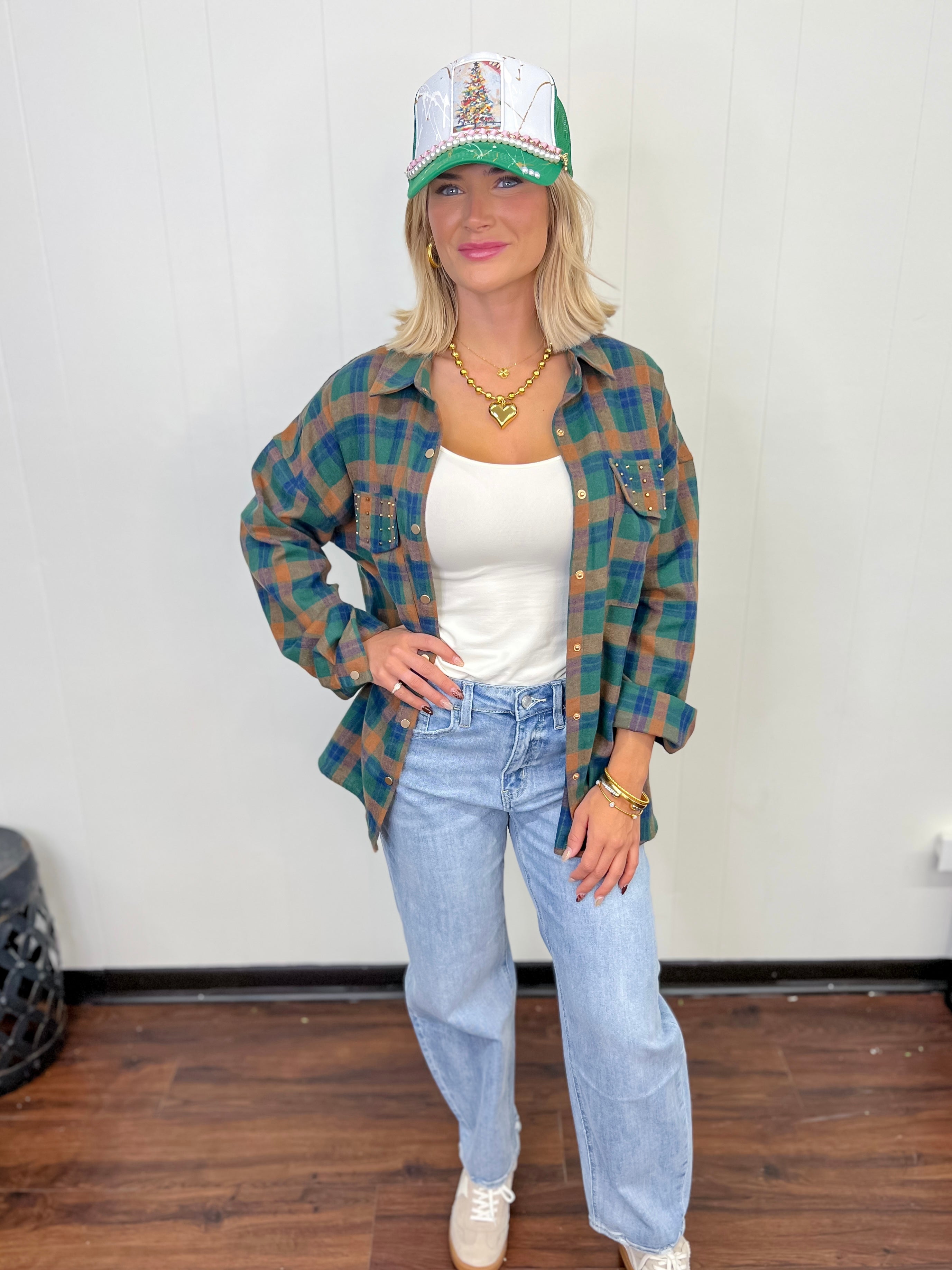 Flannel Fling Button Up Top - H. Green