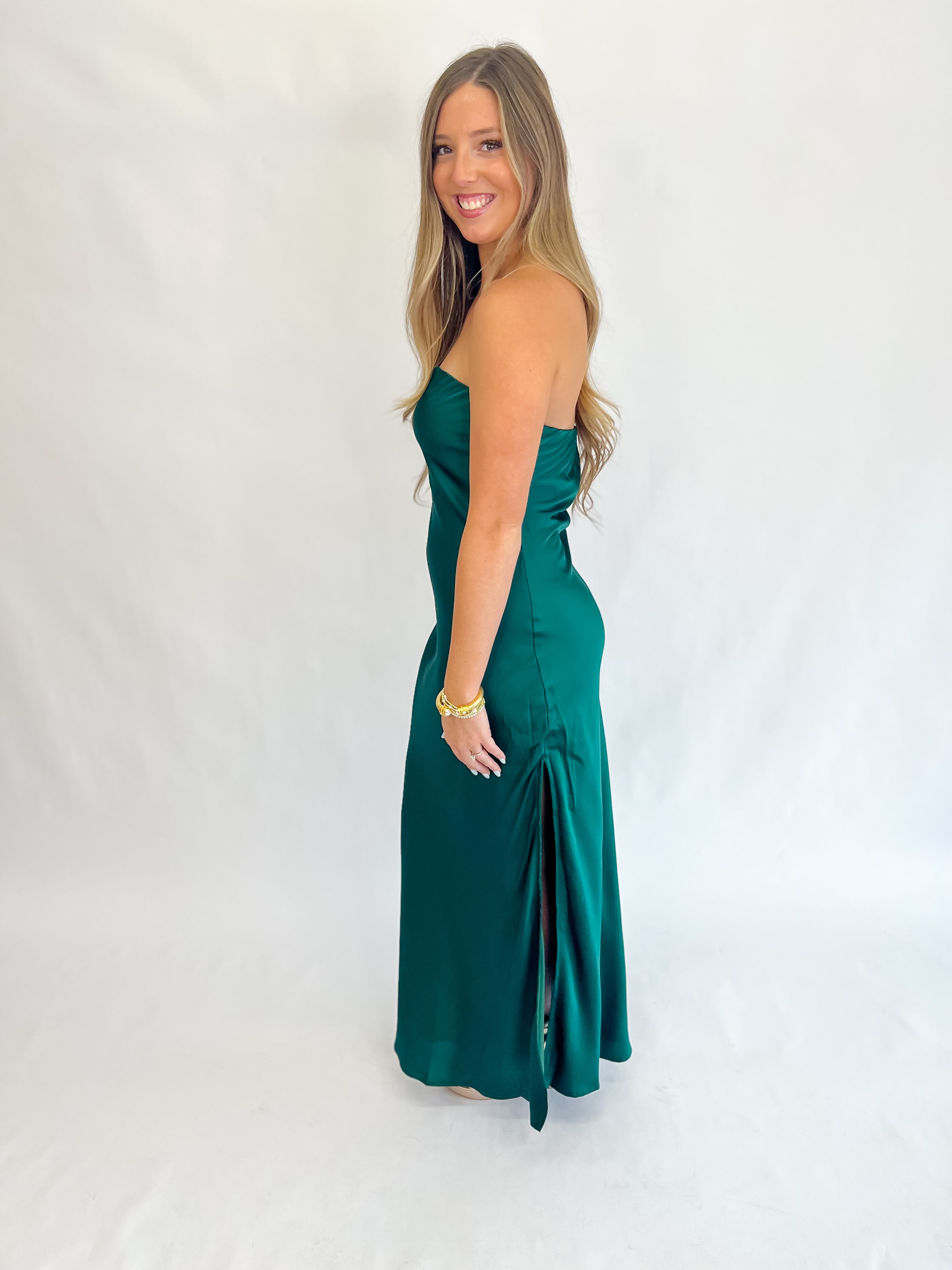 Going Out Strapless Bias Cut Maxi Dress-Hunter Green