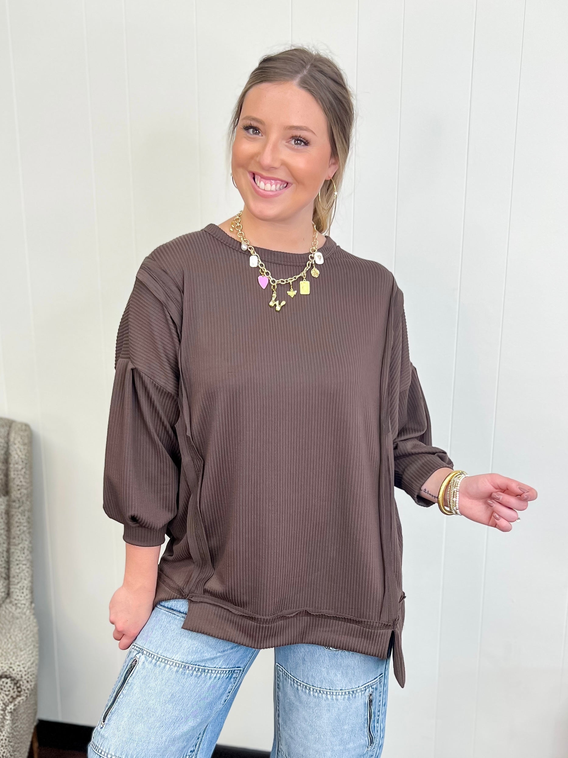 Over-Sized Brown Tunic Top-Brown