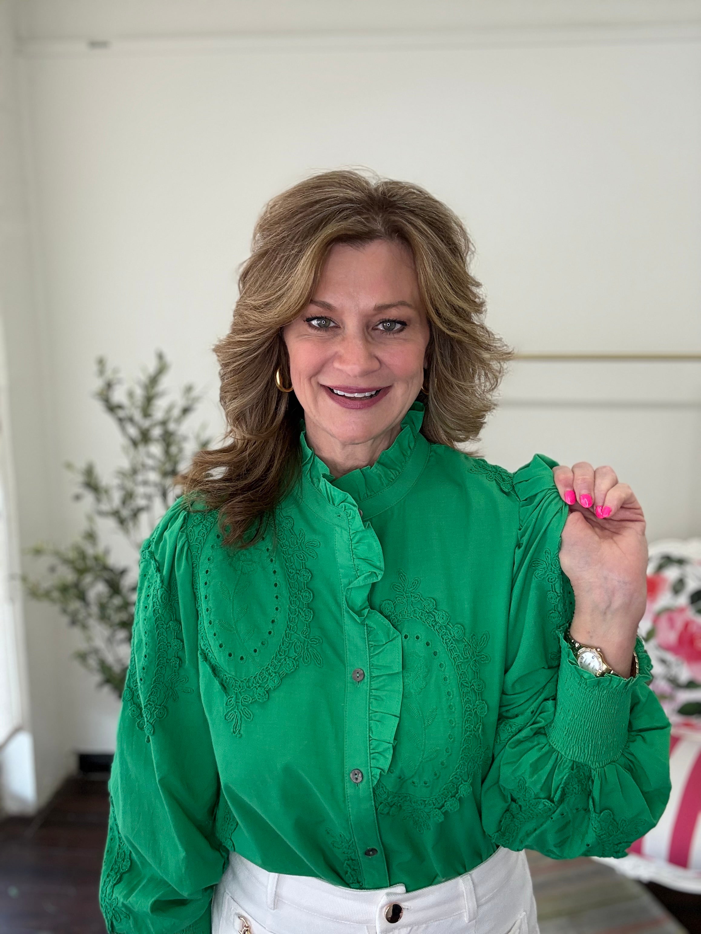 Grace Button Front Top- Green