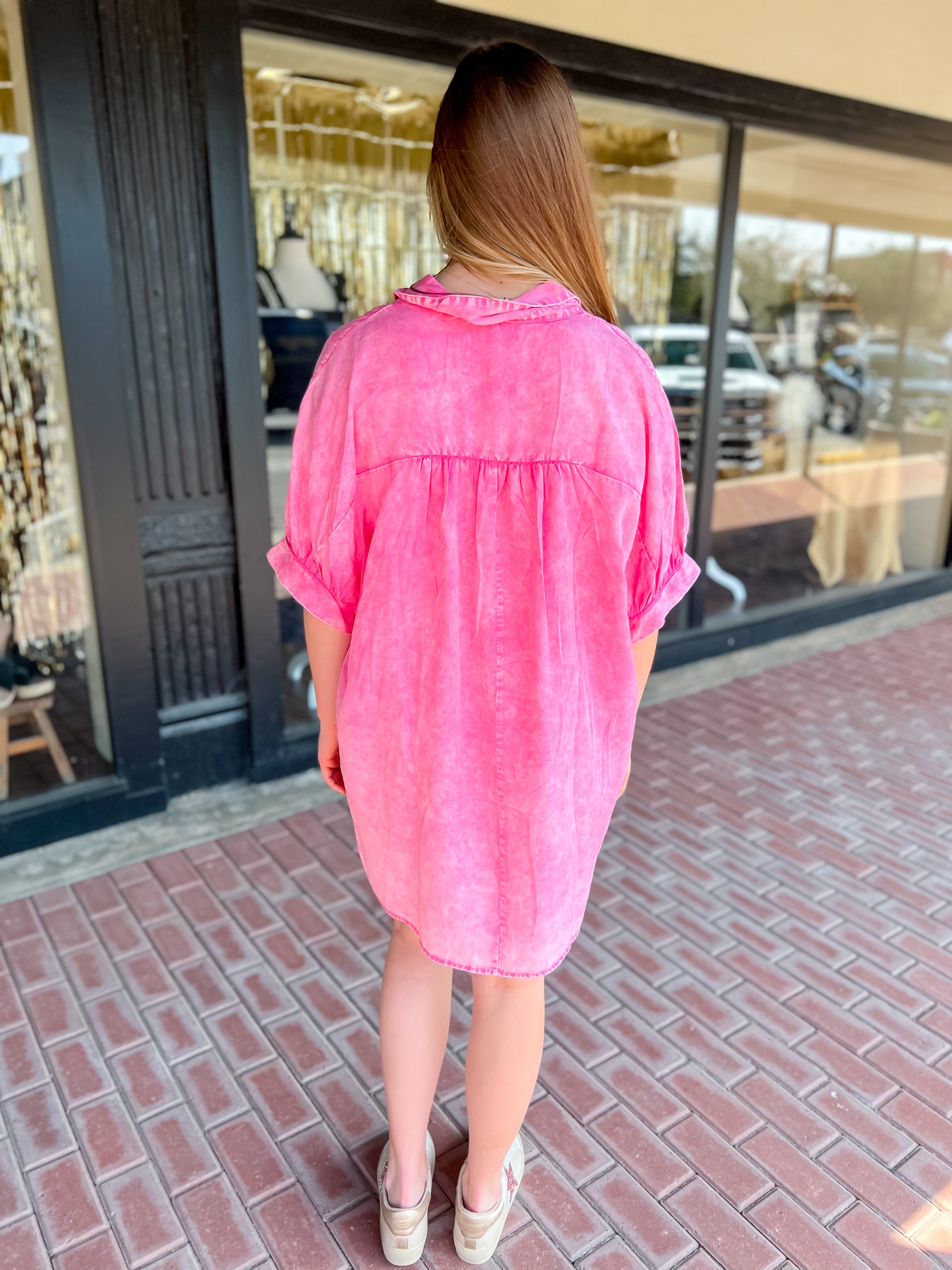 Oversized Button Down Tencel Shirt Dress-Pink