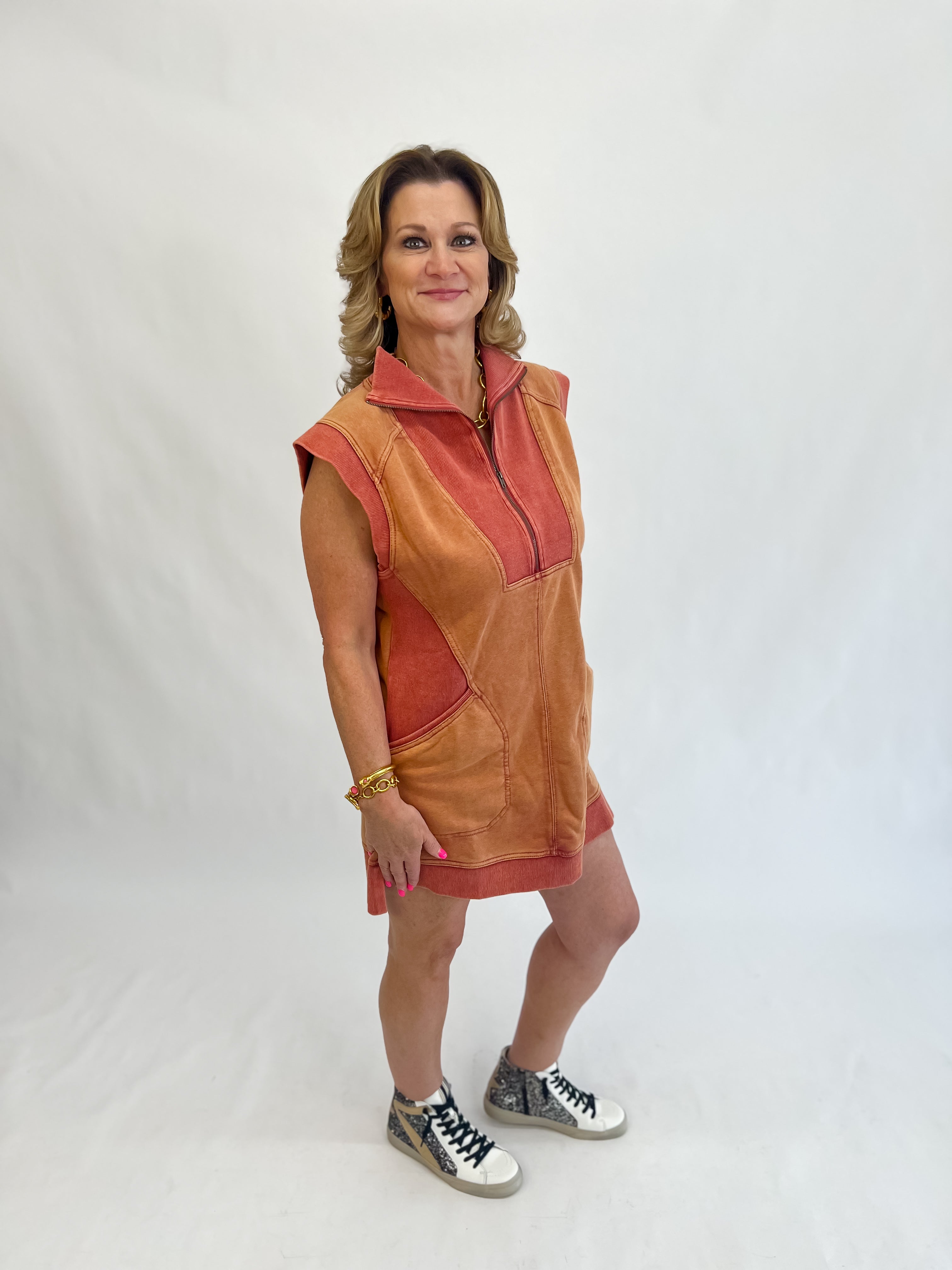 Sporty Mineral-Washed Vest Dress-Rust