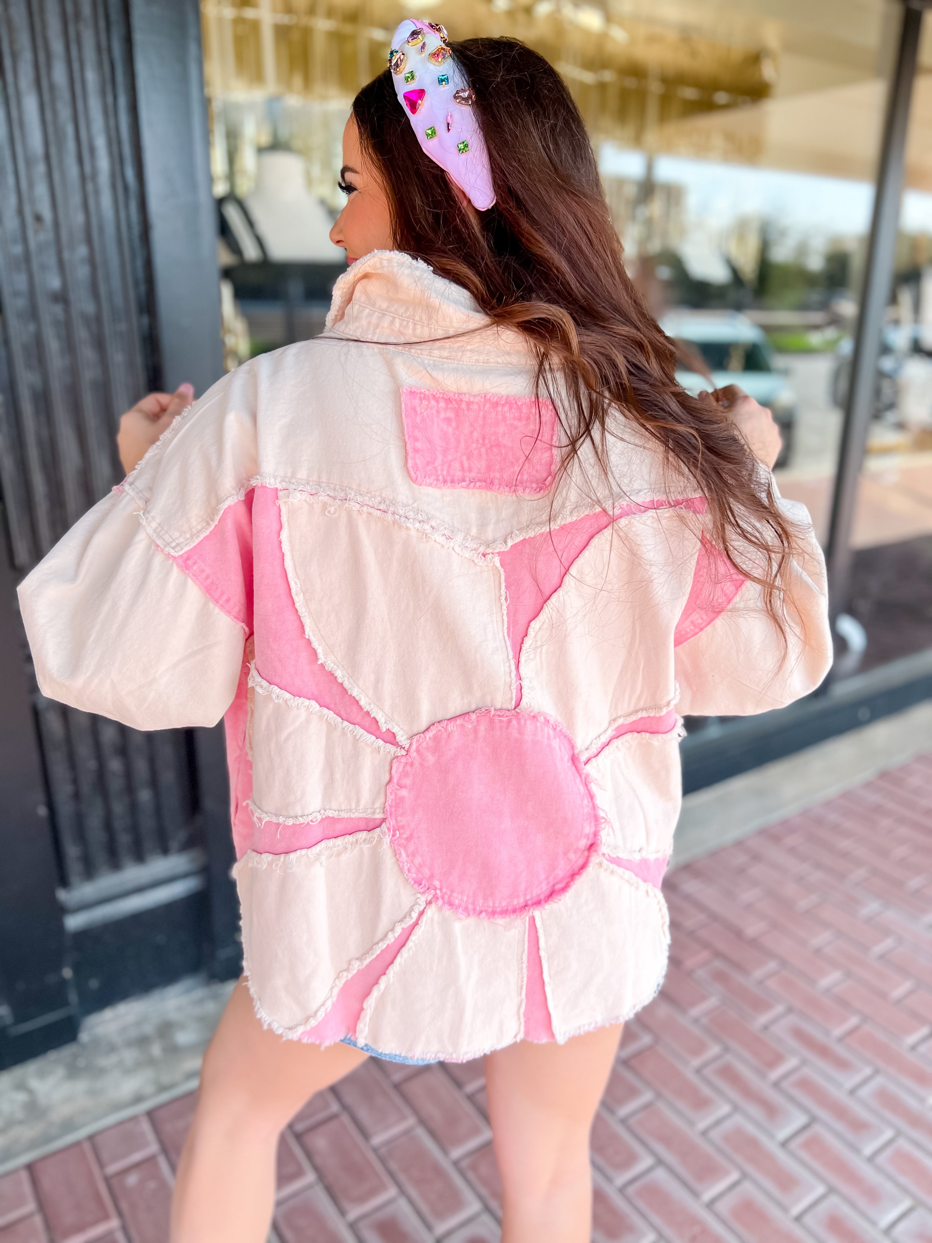 Washed Daisy Patch Jacket-Pink