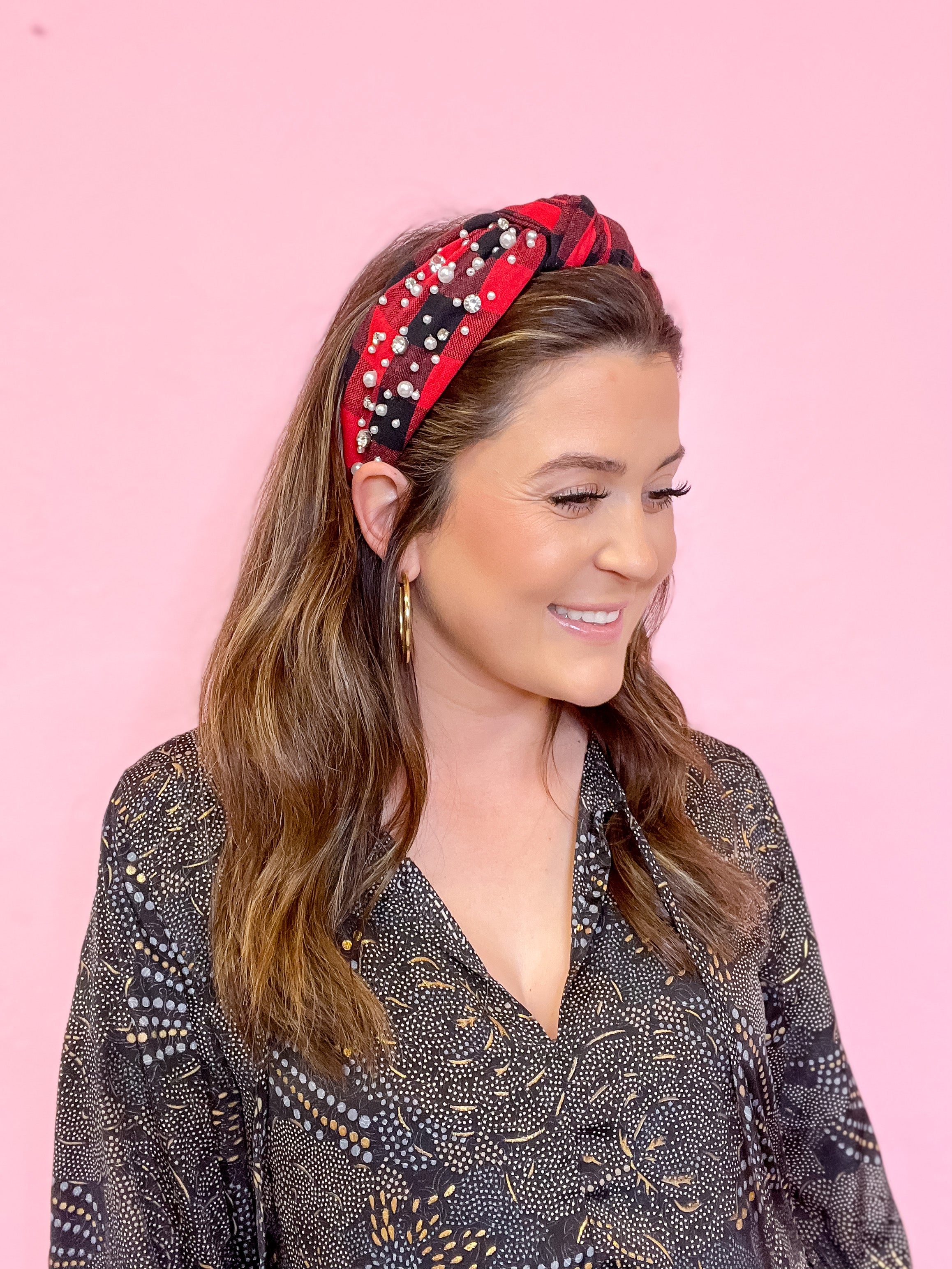 Buffalo Plaid Knotted Headband with Pearls