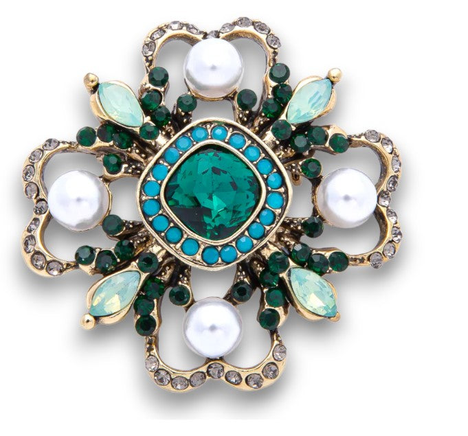 Vintage Antique Gold Flower Green & Turquoise Crystal Brooch