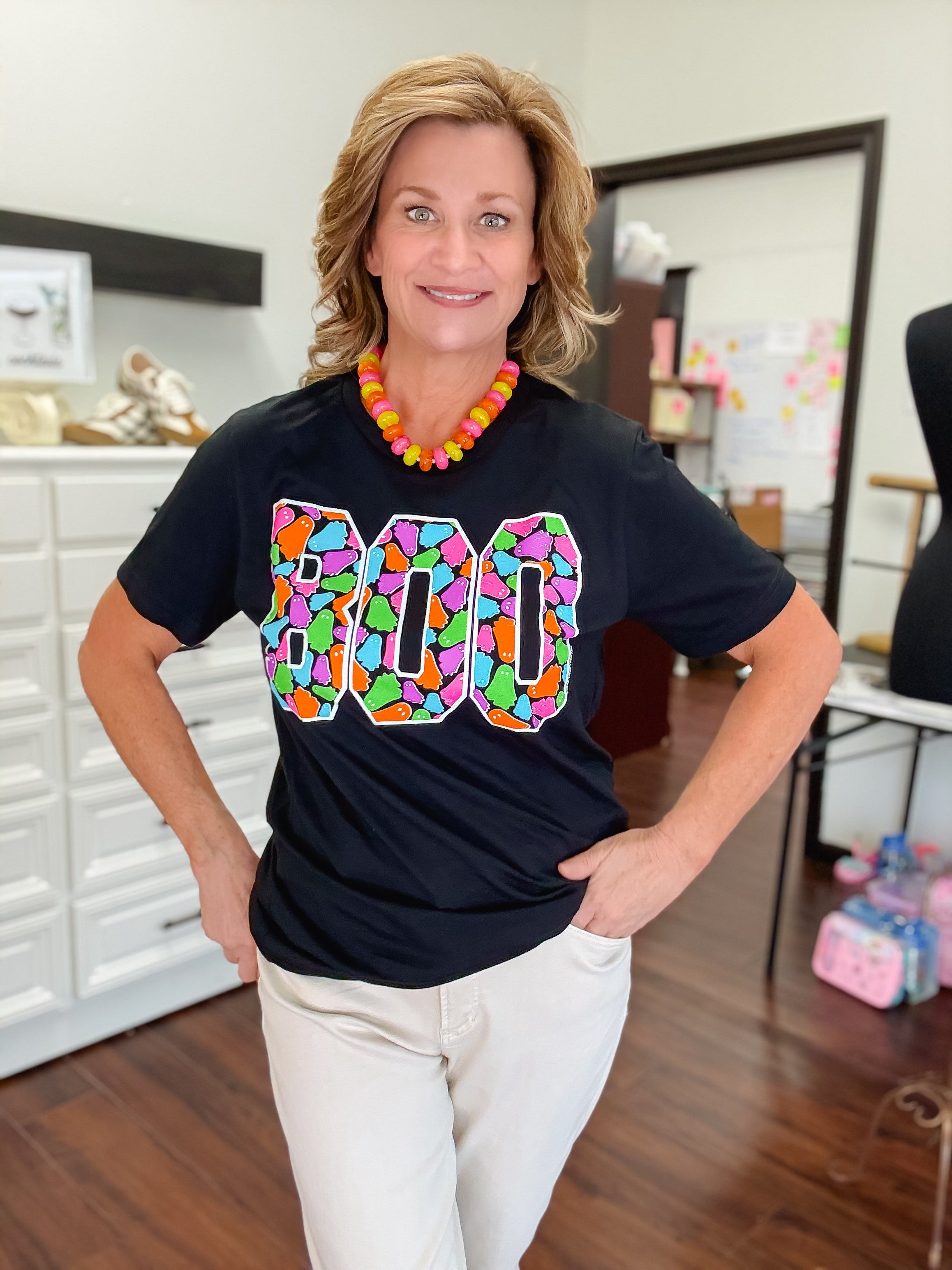 Boo With Colorful Ghosts Short Sleeve Tee Shirt-Black