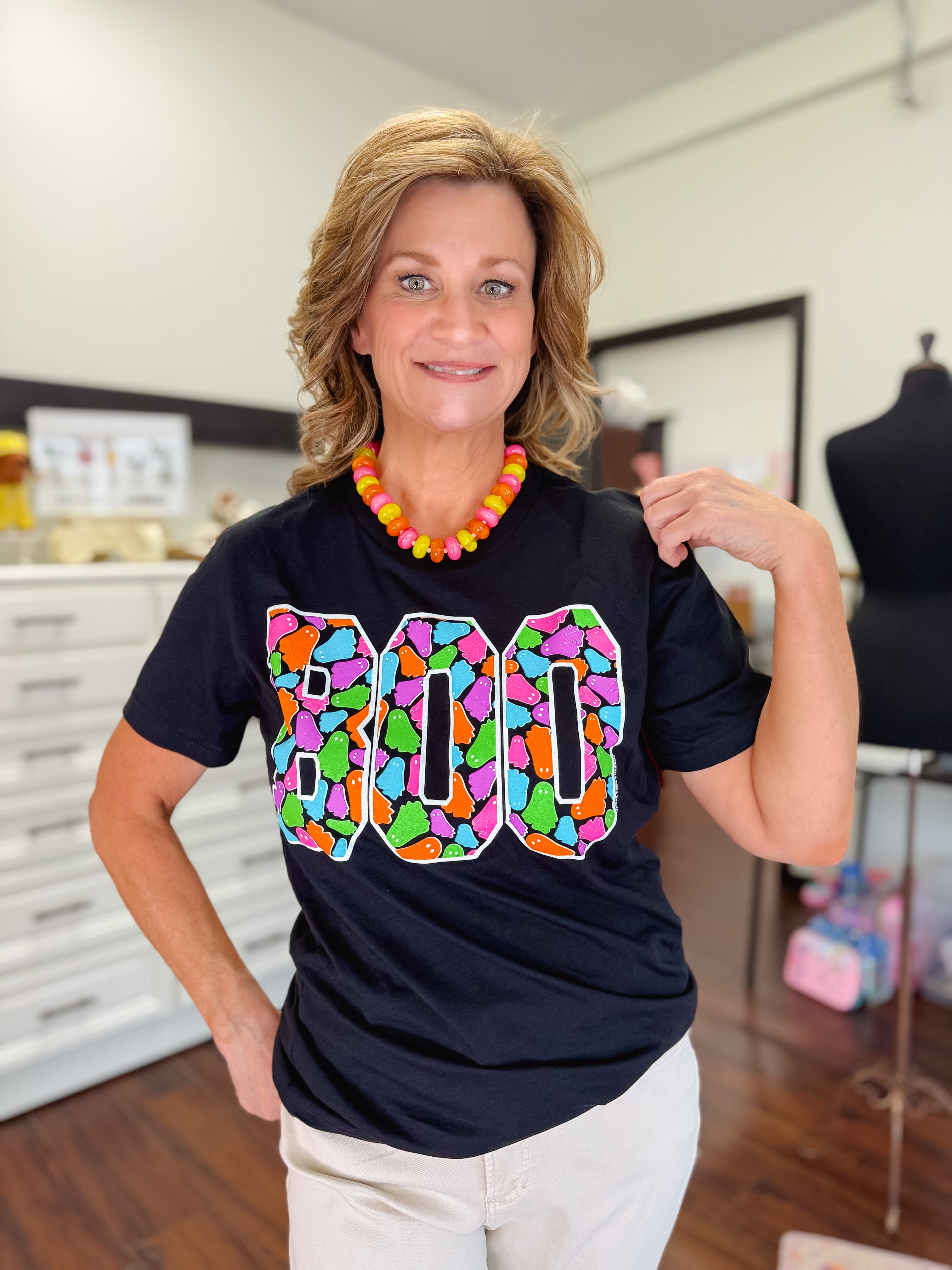 Boo With Colorful Ghosts Short Sleeve Tee Shirt-Black