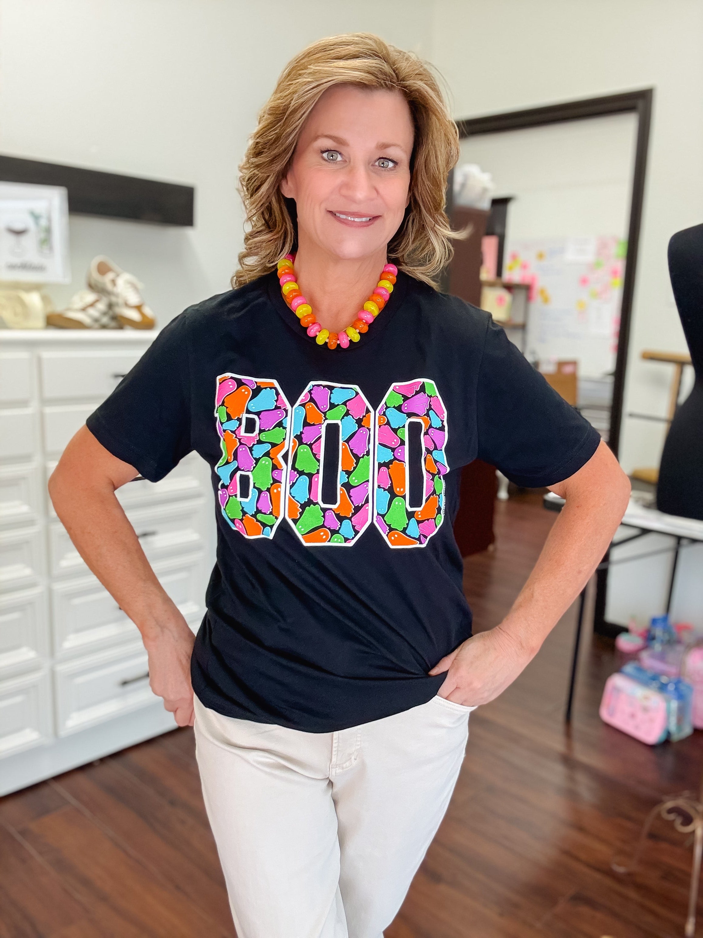 Boo With Colorful Ghosts Short Sleeve Tee Shirt-Black