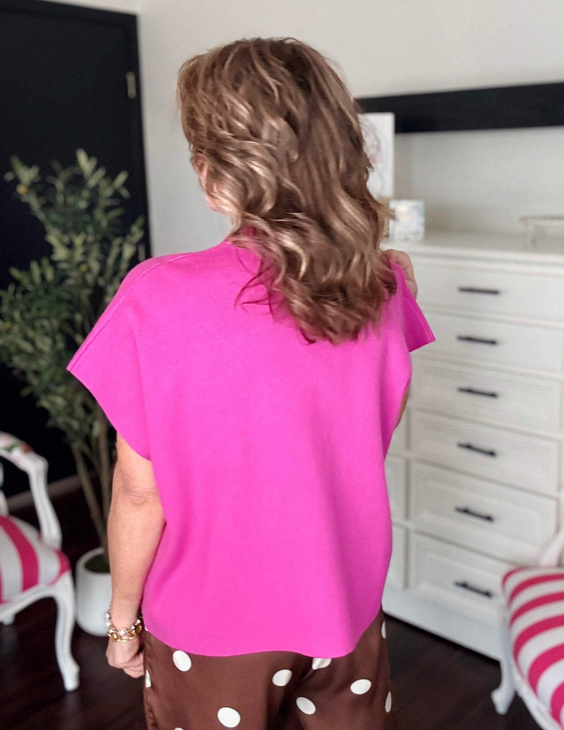 Button Down Cap Sleeve Sweater-Rose Pink