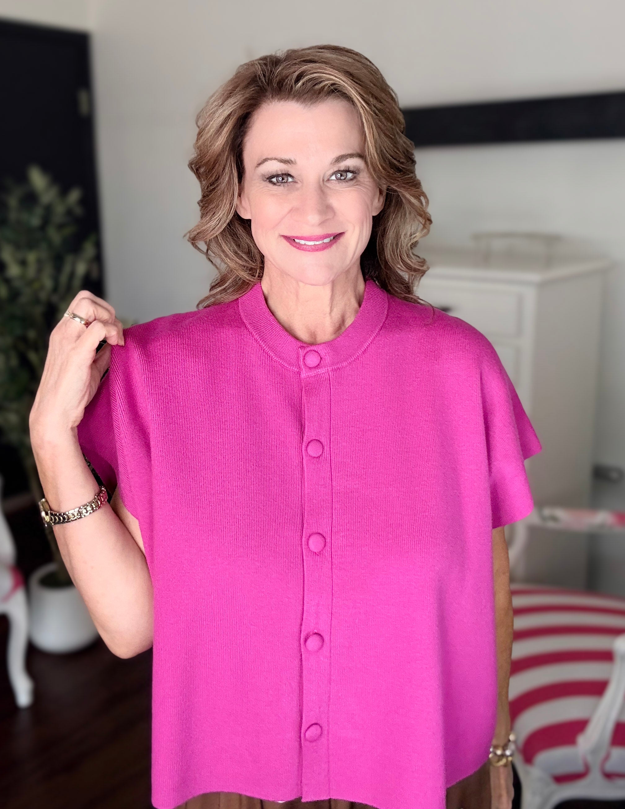 Button Down Cap Sleeve Sweater-Rose Pink