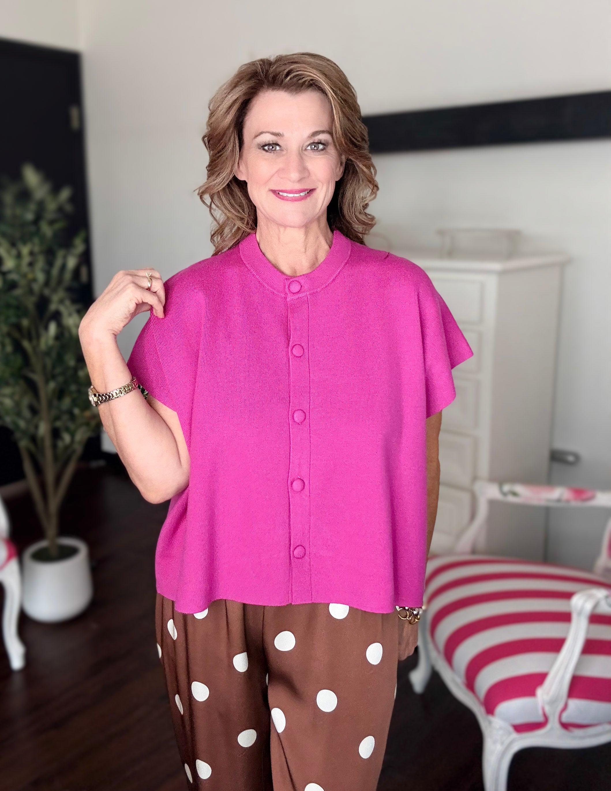 Button Down Cap Sleeve Sweater-Rose Pink