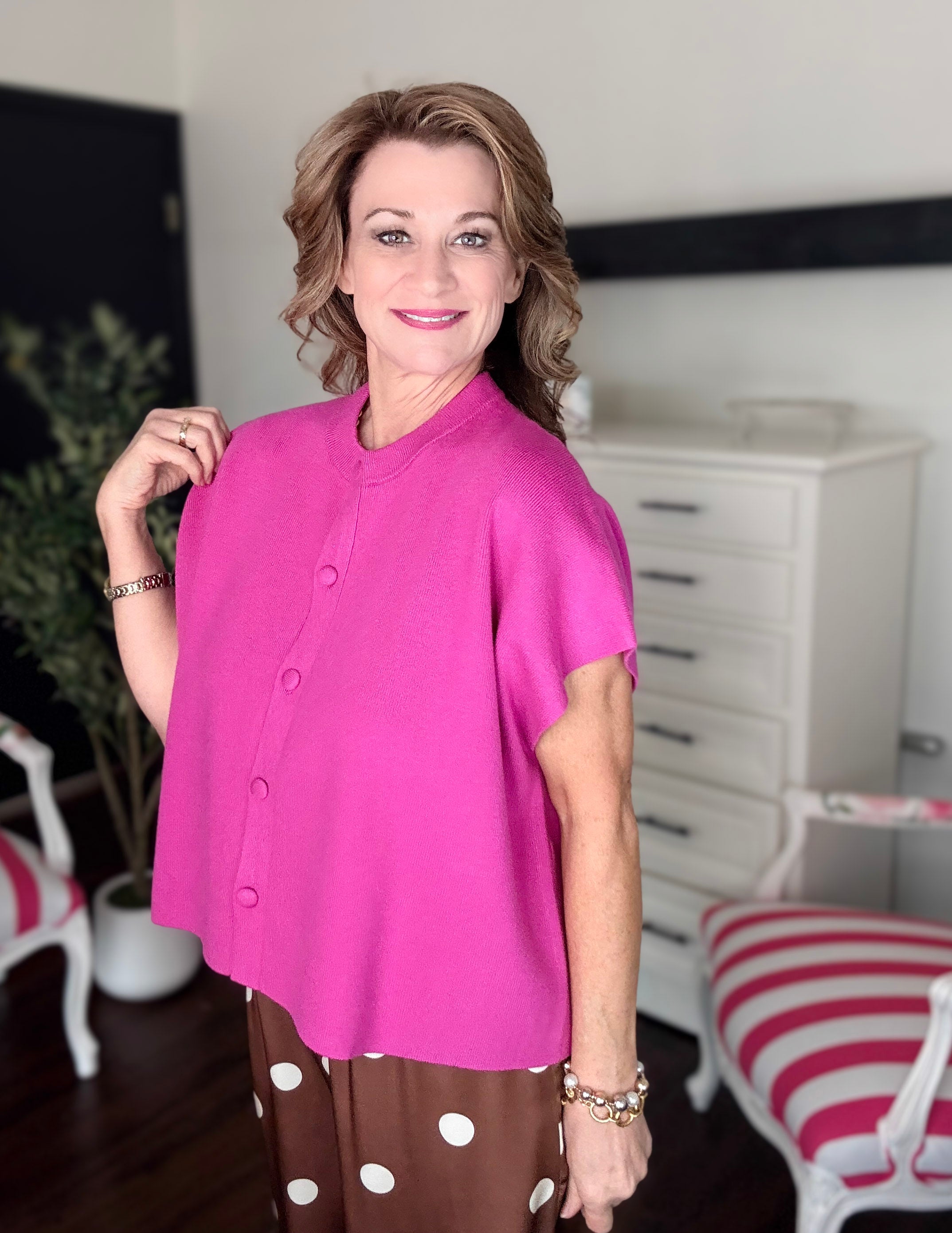 Button Down Cap Sleeve Sweater-Rose Pink