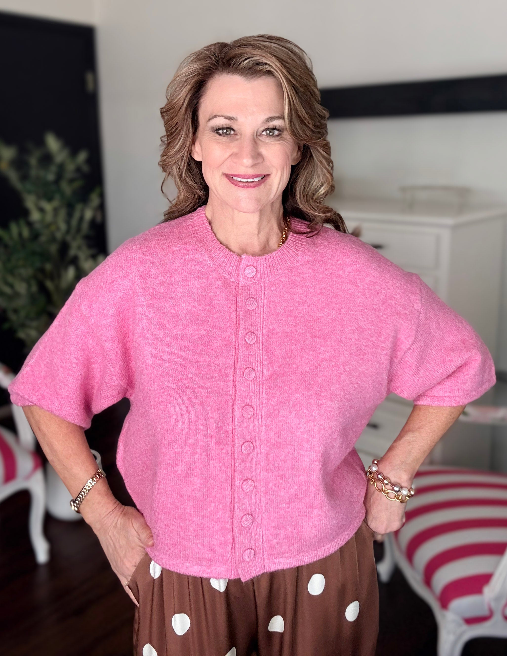 Button Down Short Sleeve Sweater-Pink