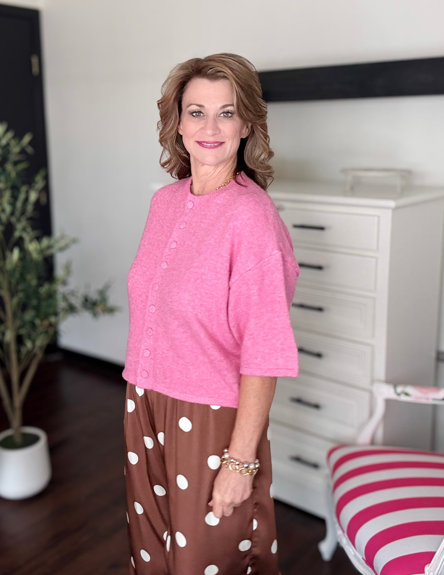 Button Down Short Sleeve Sweater-Pink