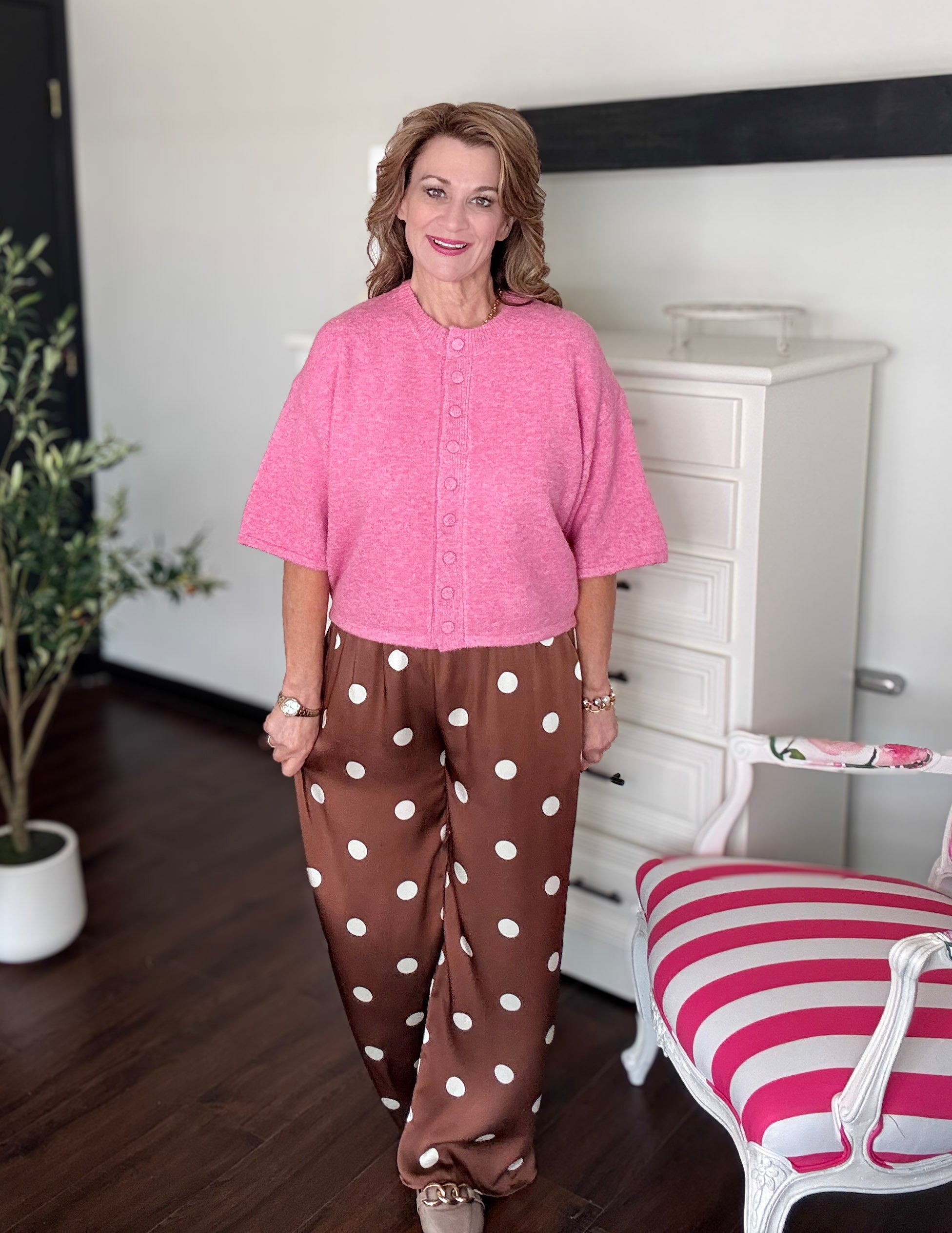 Button Down Short Sleeve Sweater-Pink