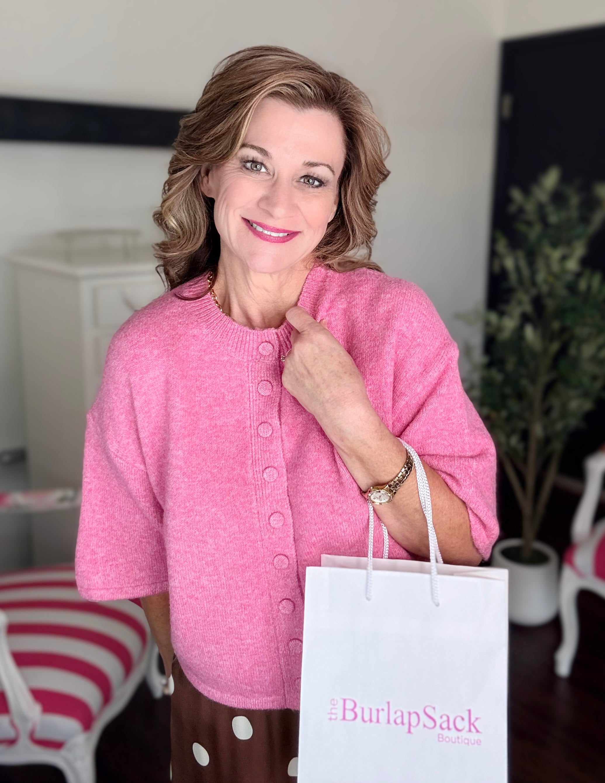 Button Down Short Sleeve Sweater-Pink