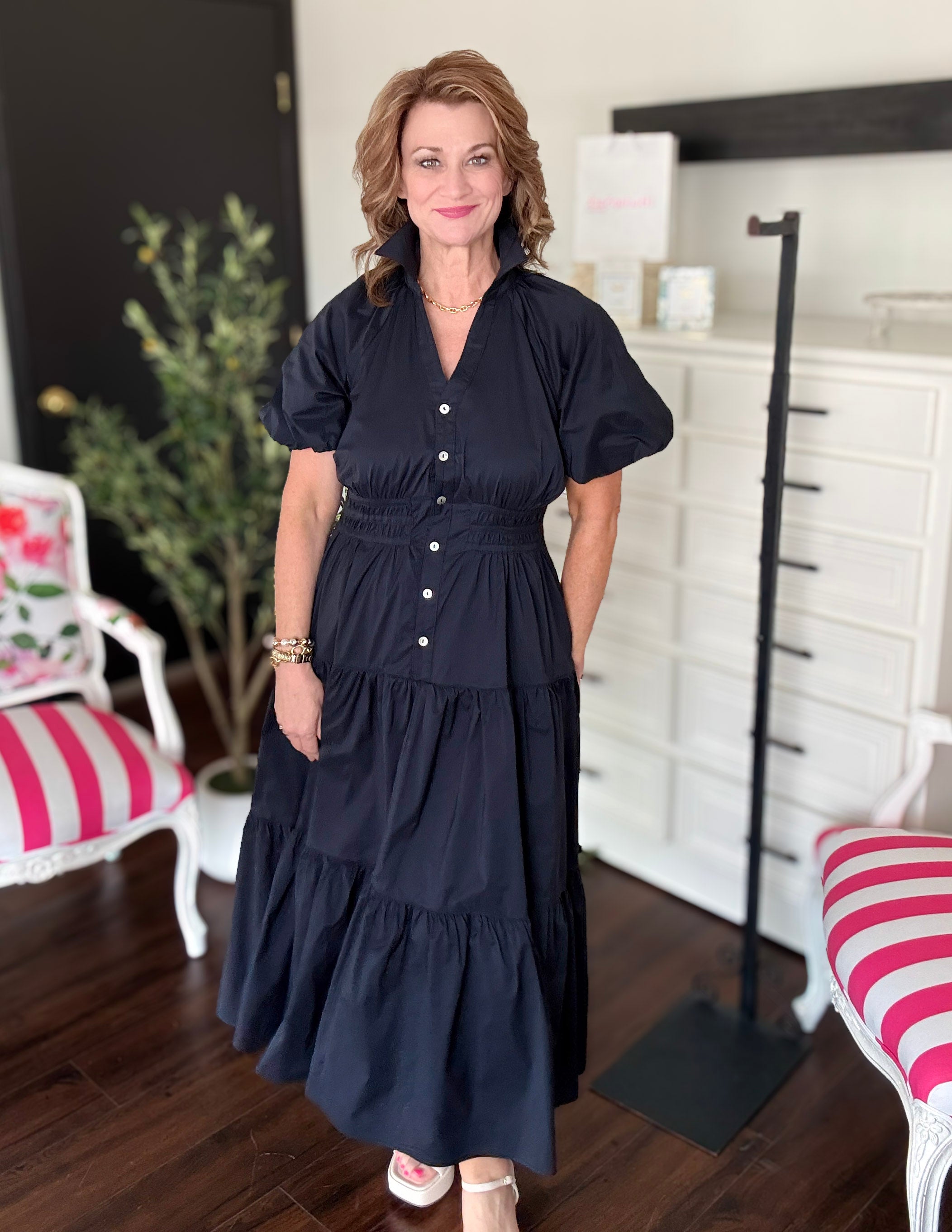 Button Down Tiered Midi Dress-Ink