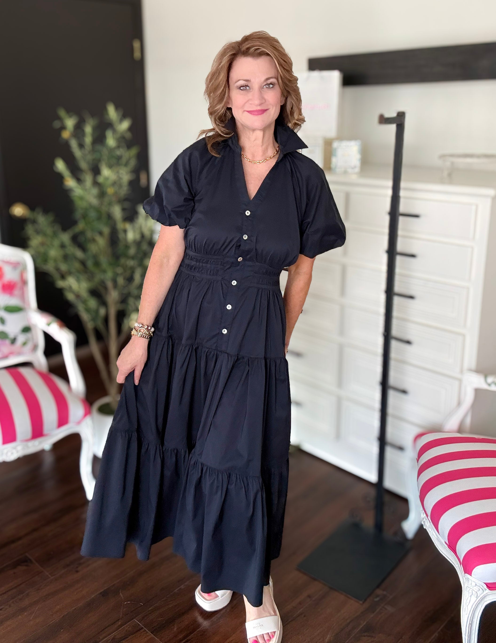 Button Down Tiered Midi Dress-Ink