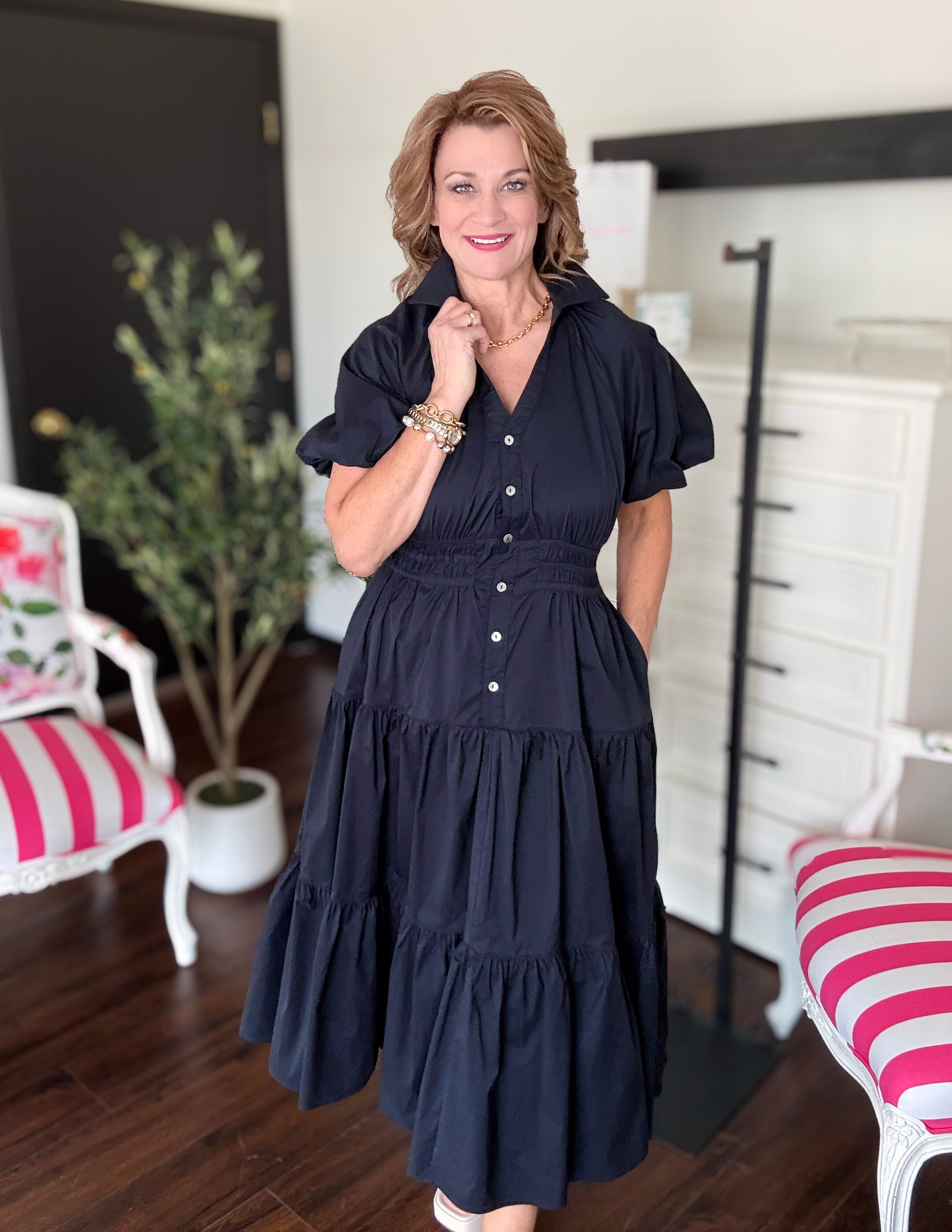 Button Down Tiered Midi Dress-Ink