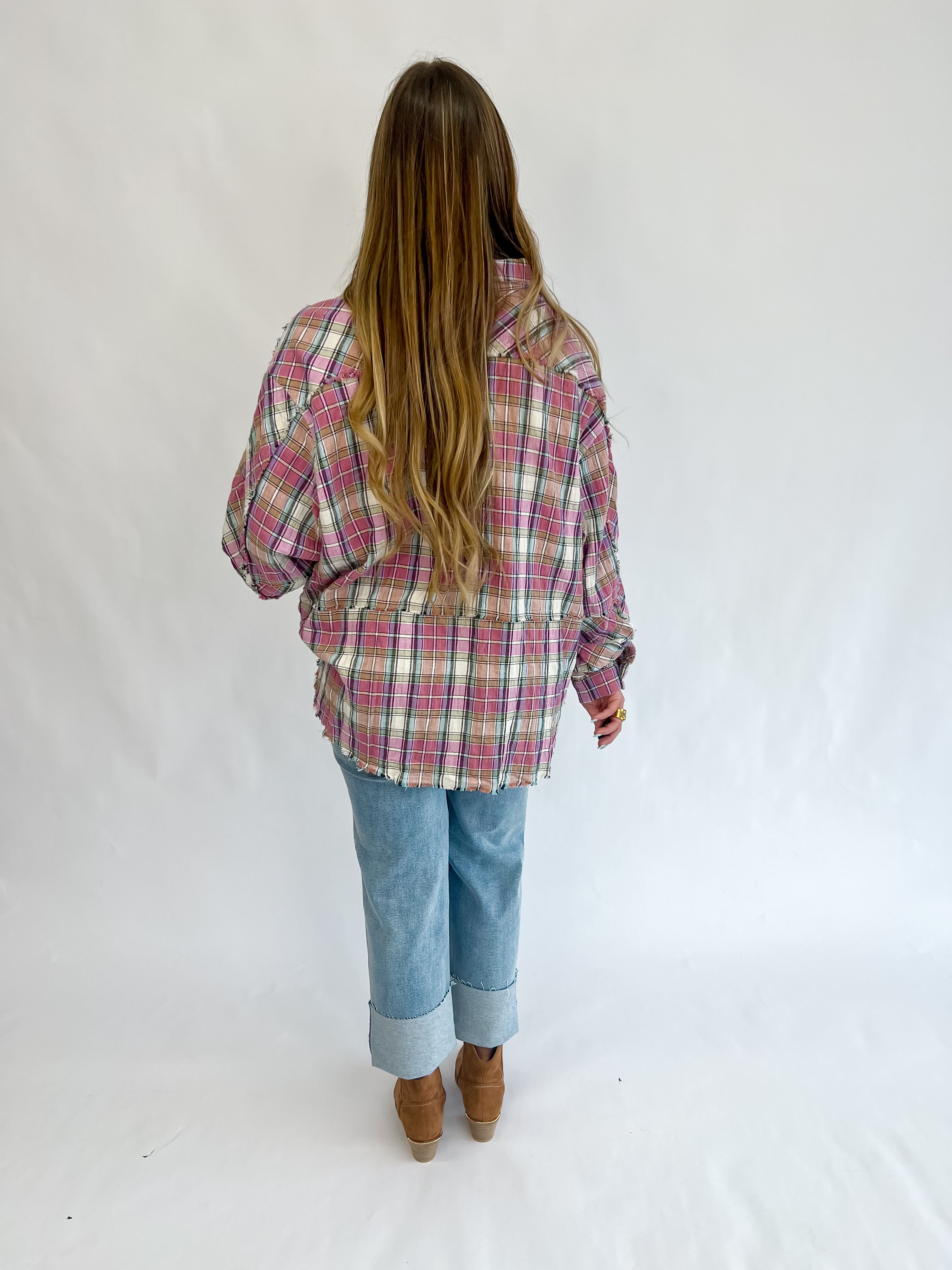 Crushing It Crinkled Plaid Button Up-Pink