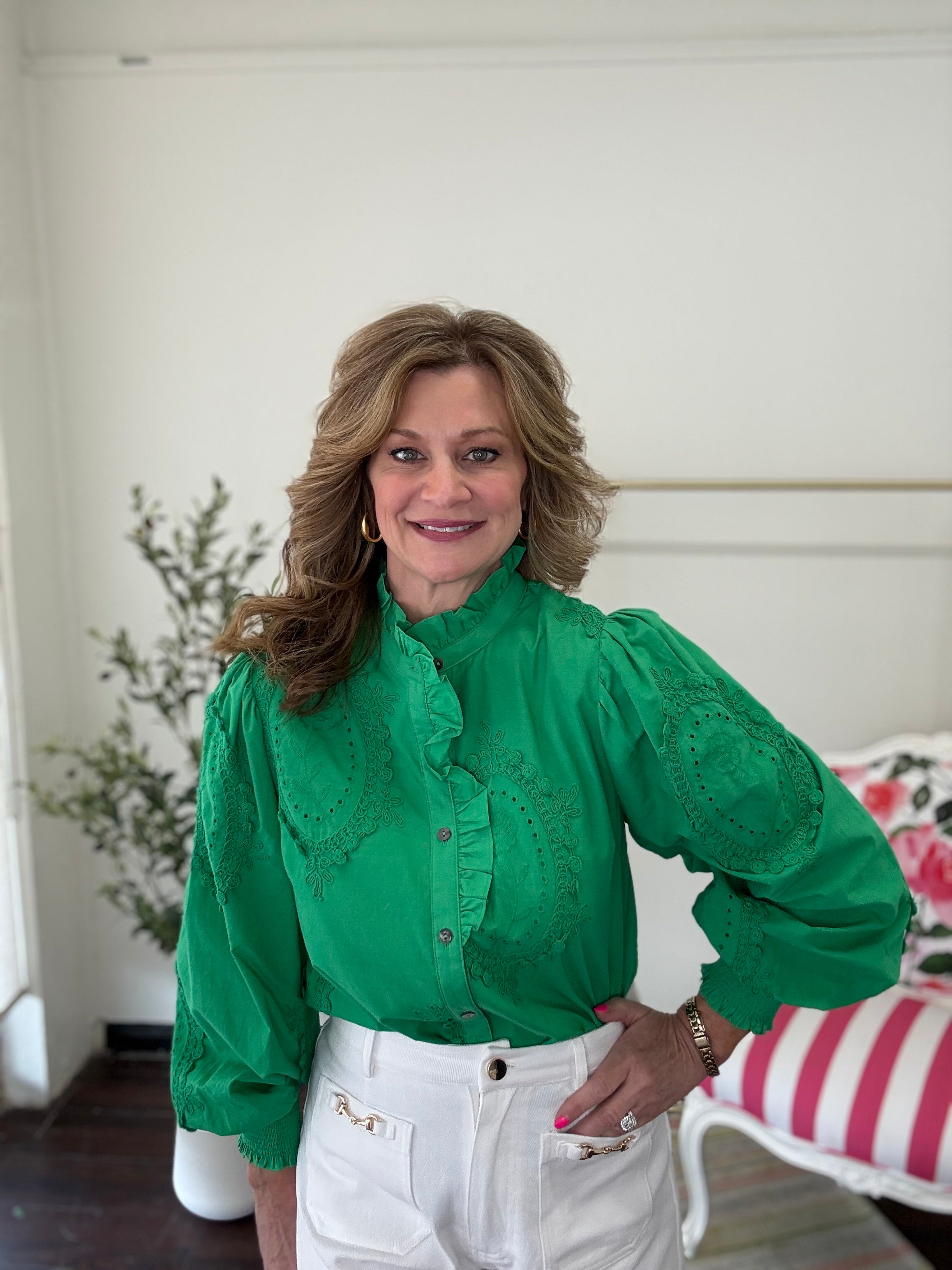 Grace Button Front Top- Green