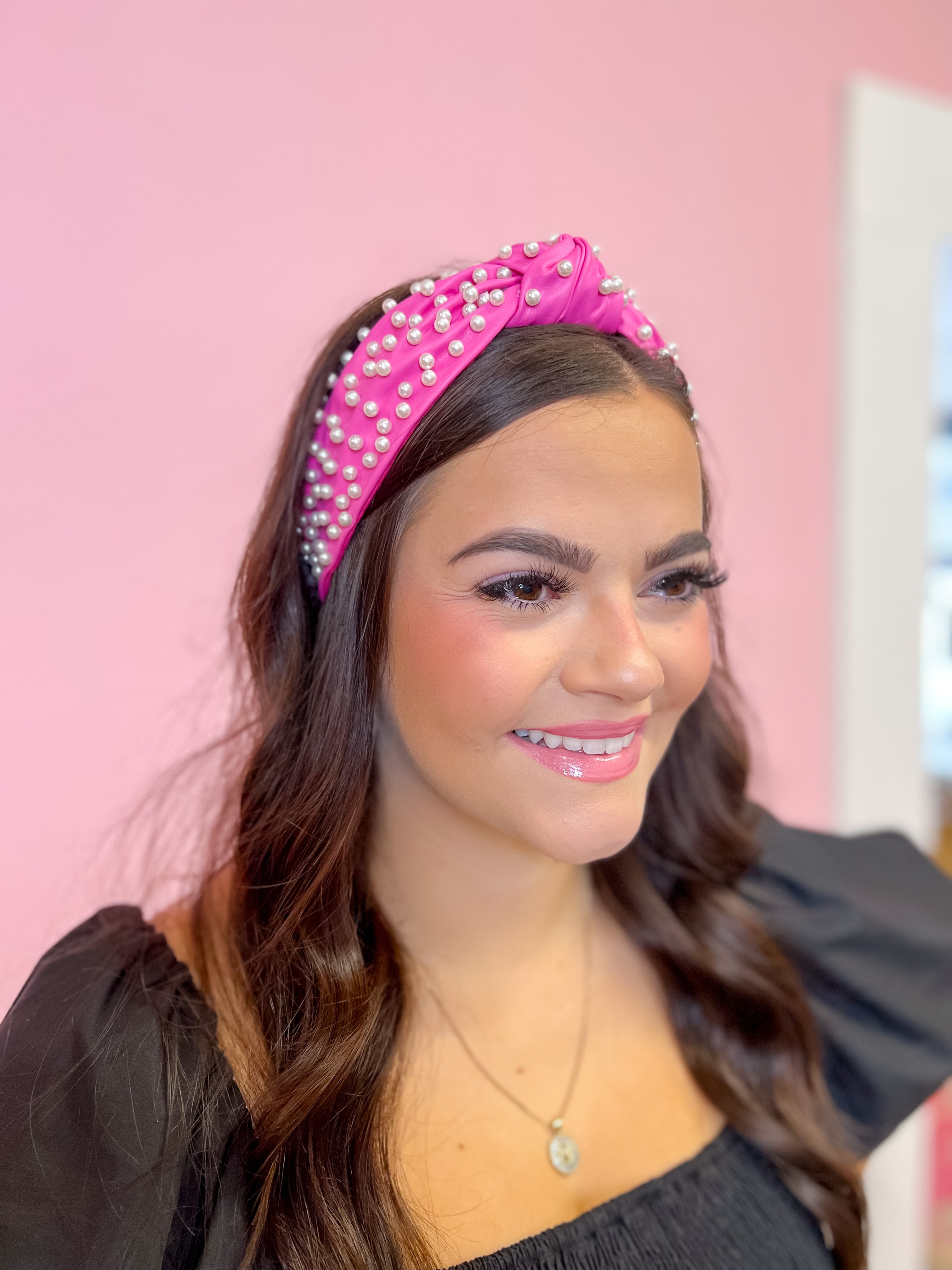 Hot Pink Leather  Knotted Headband with Pearls