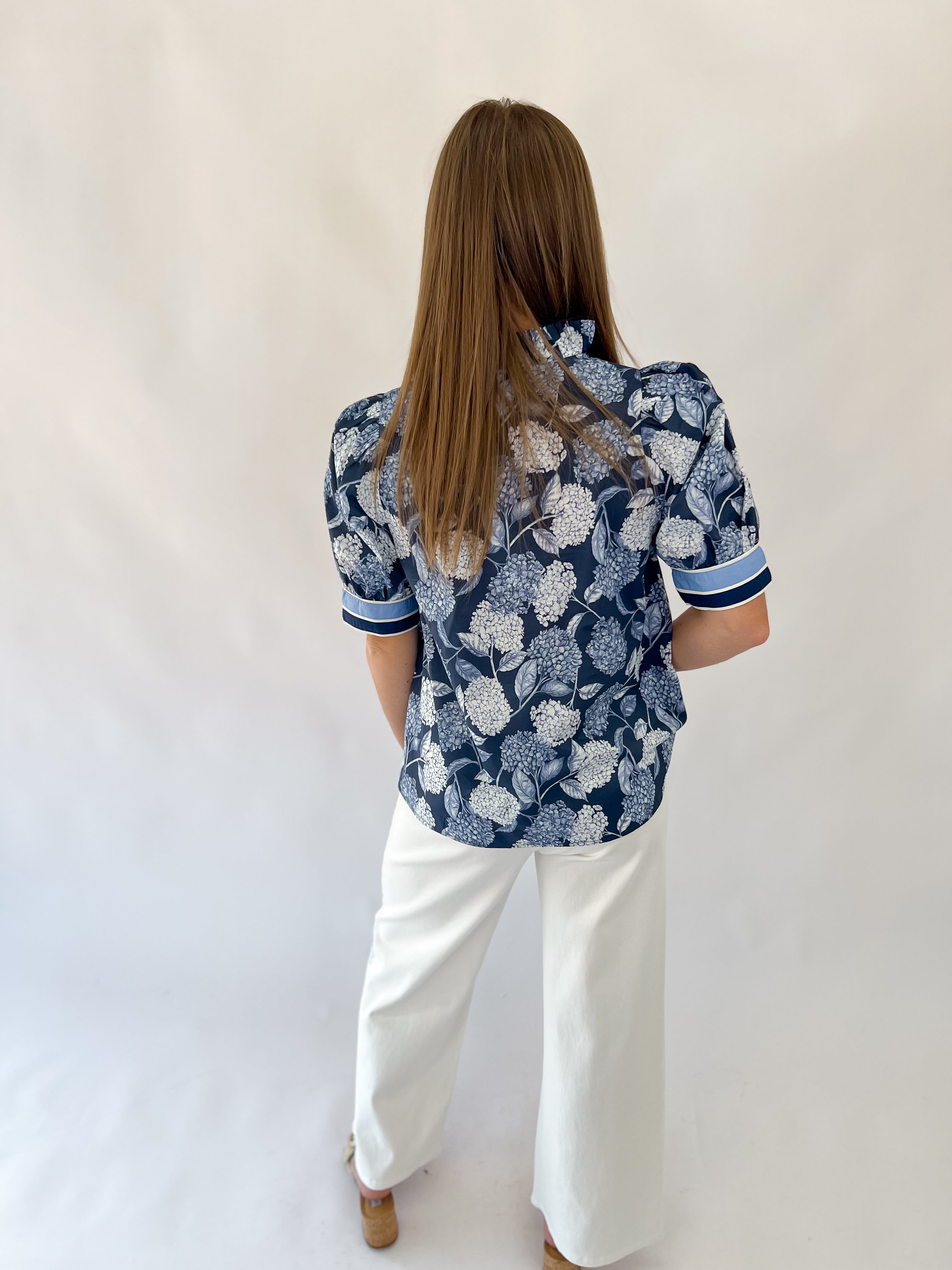 Fall Botanical V-Neck Navy Top