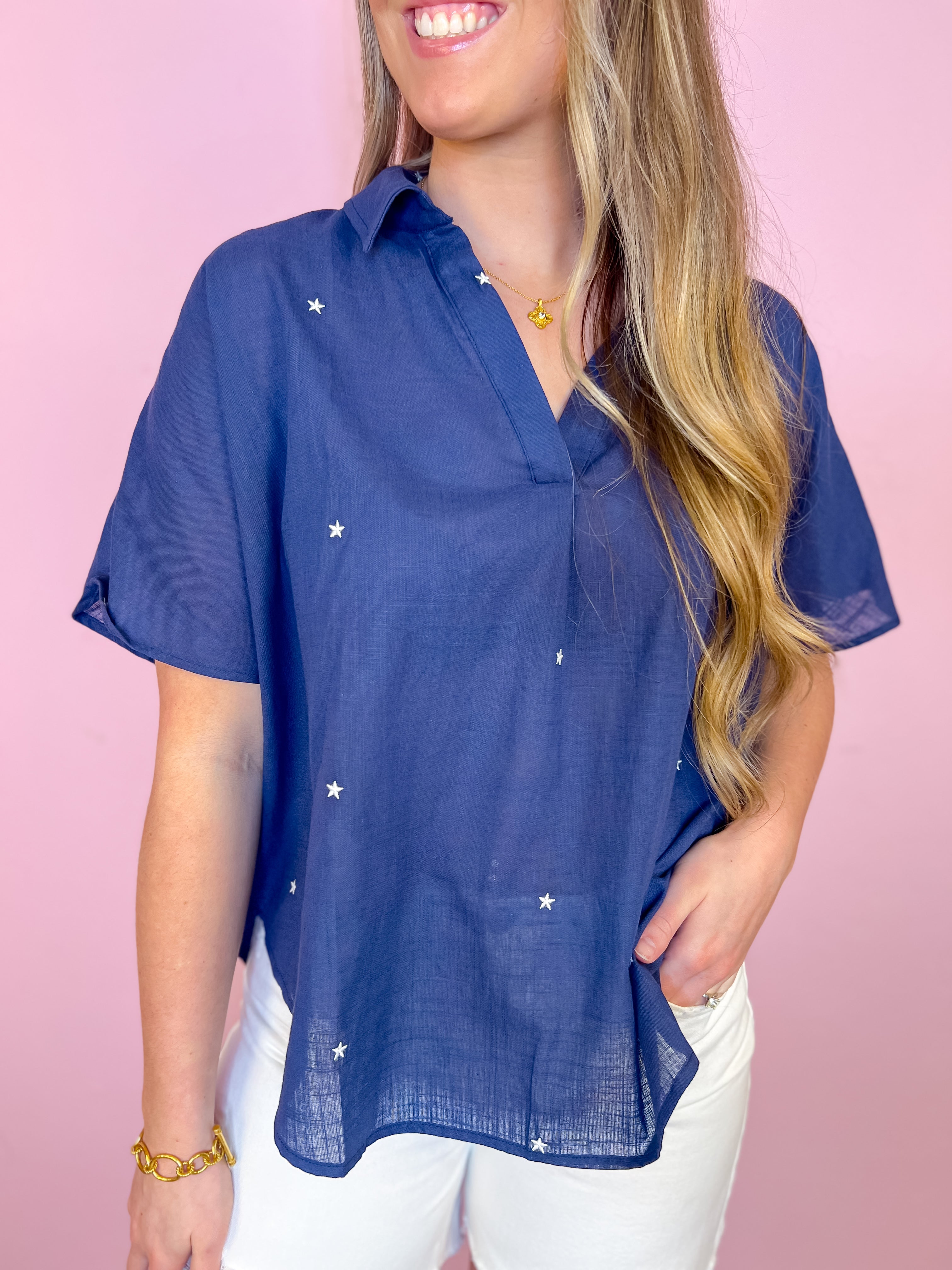 Embroidered Star Easy Top-Blue
