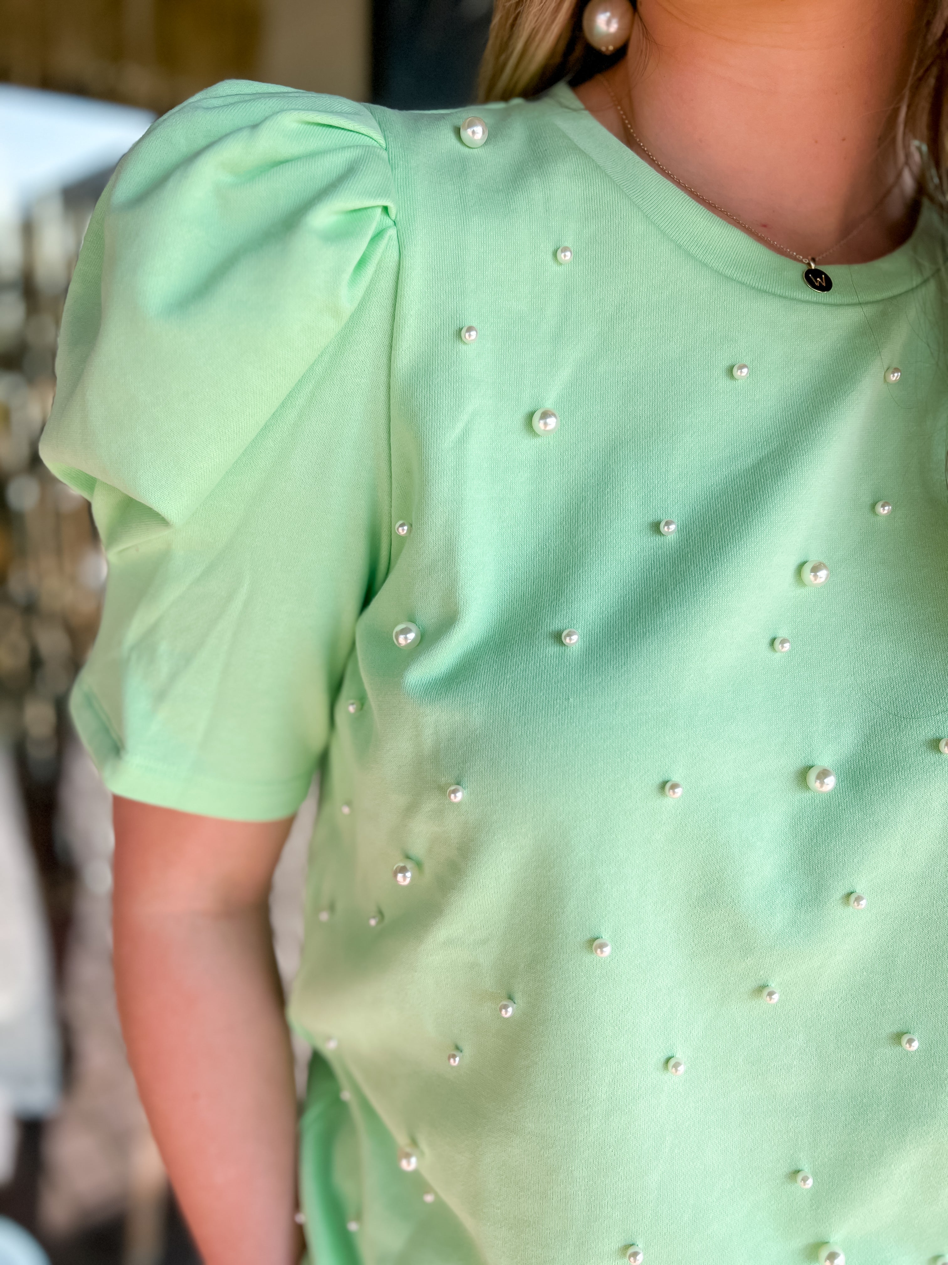 Pearl Embellished Top-Apple Green