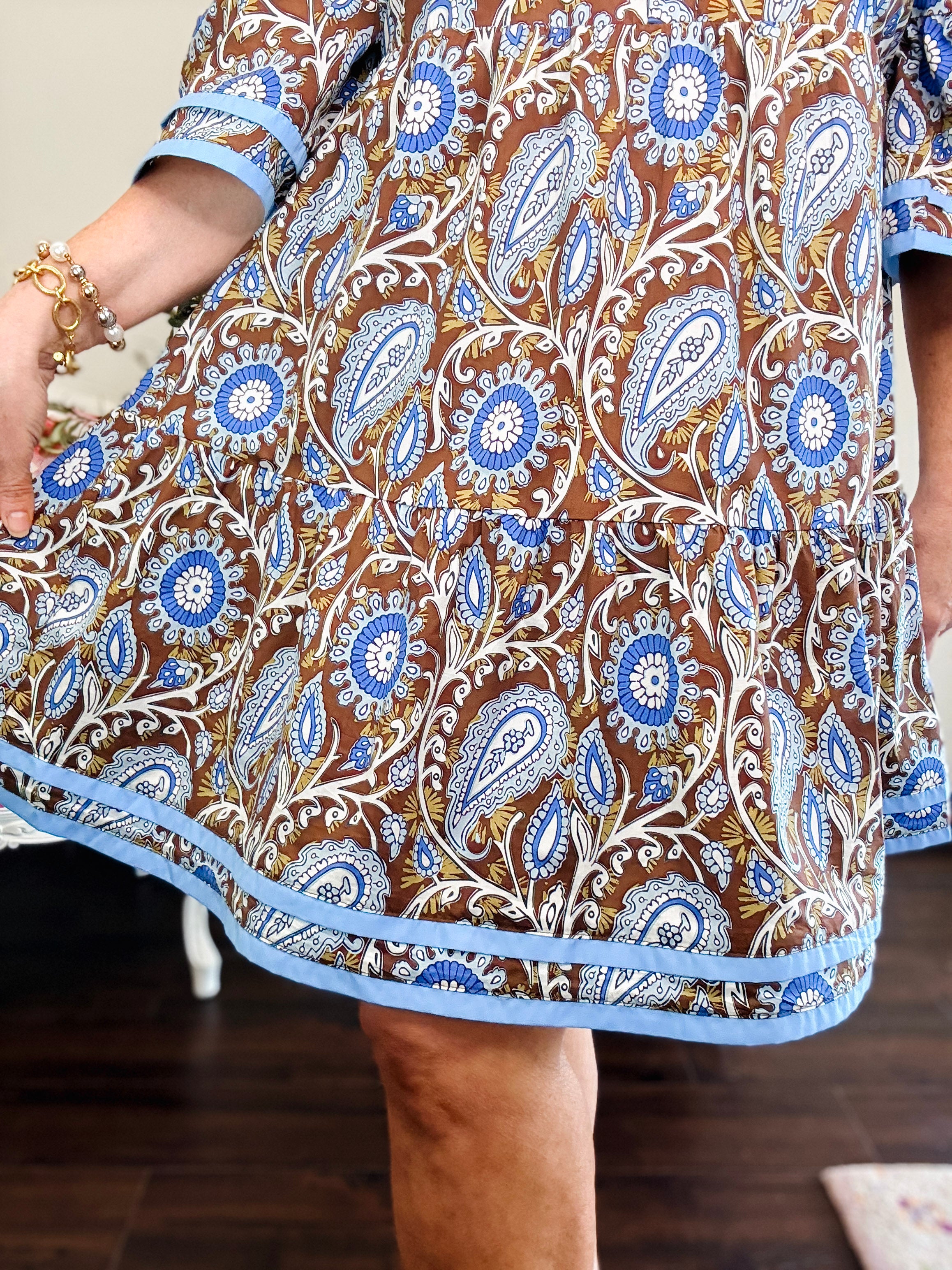 Caris 3/4 Bell Sleeve Paisley Dress-Brown