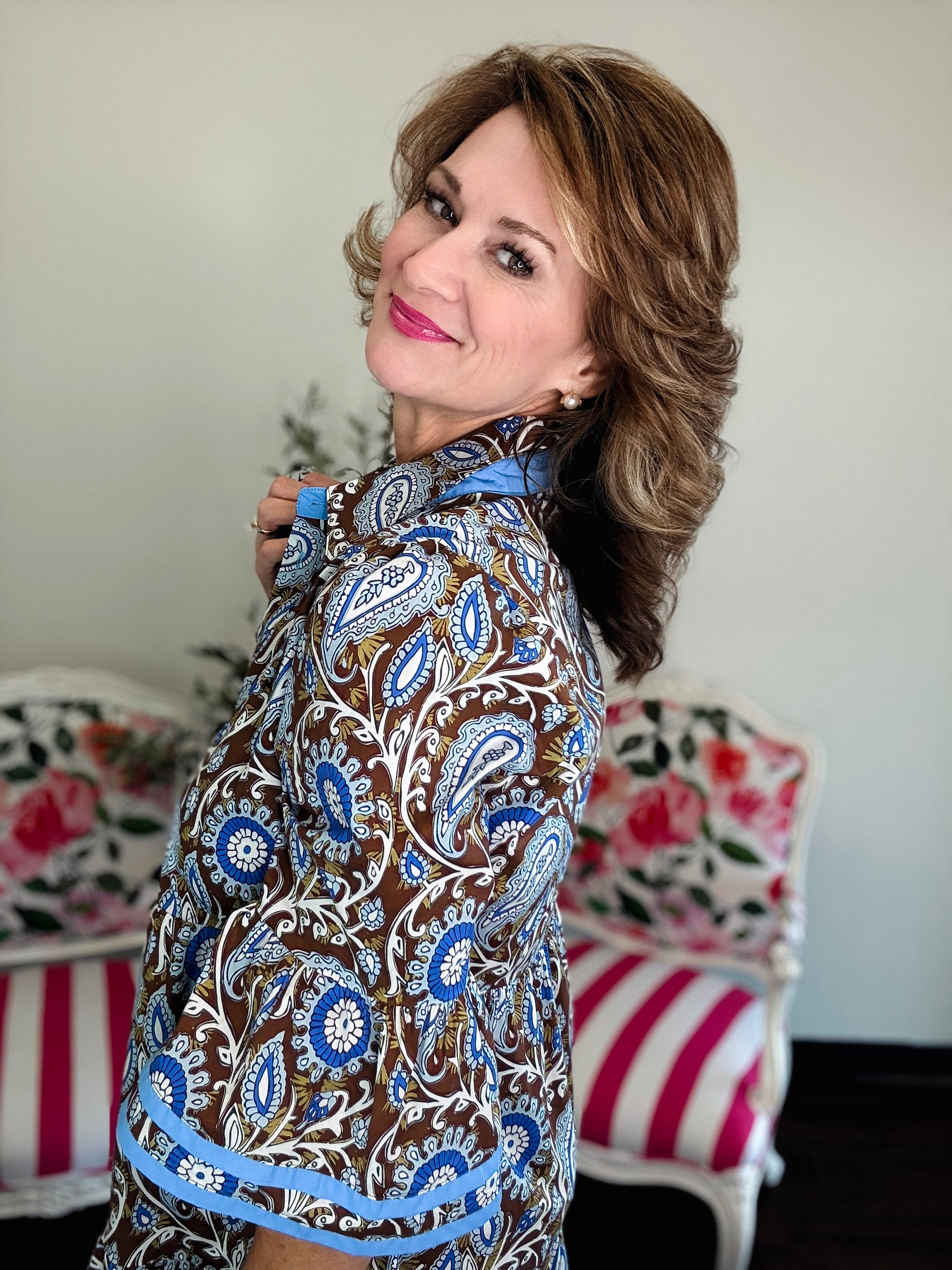 Caris 3/4 Bell Sleeve Paisley Dress-Brown