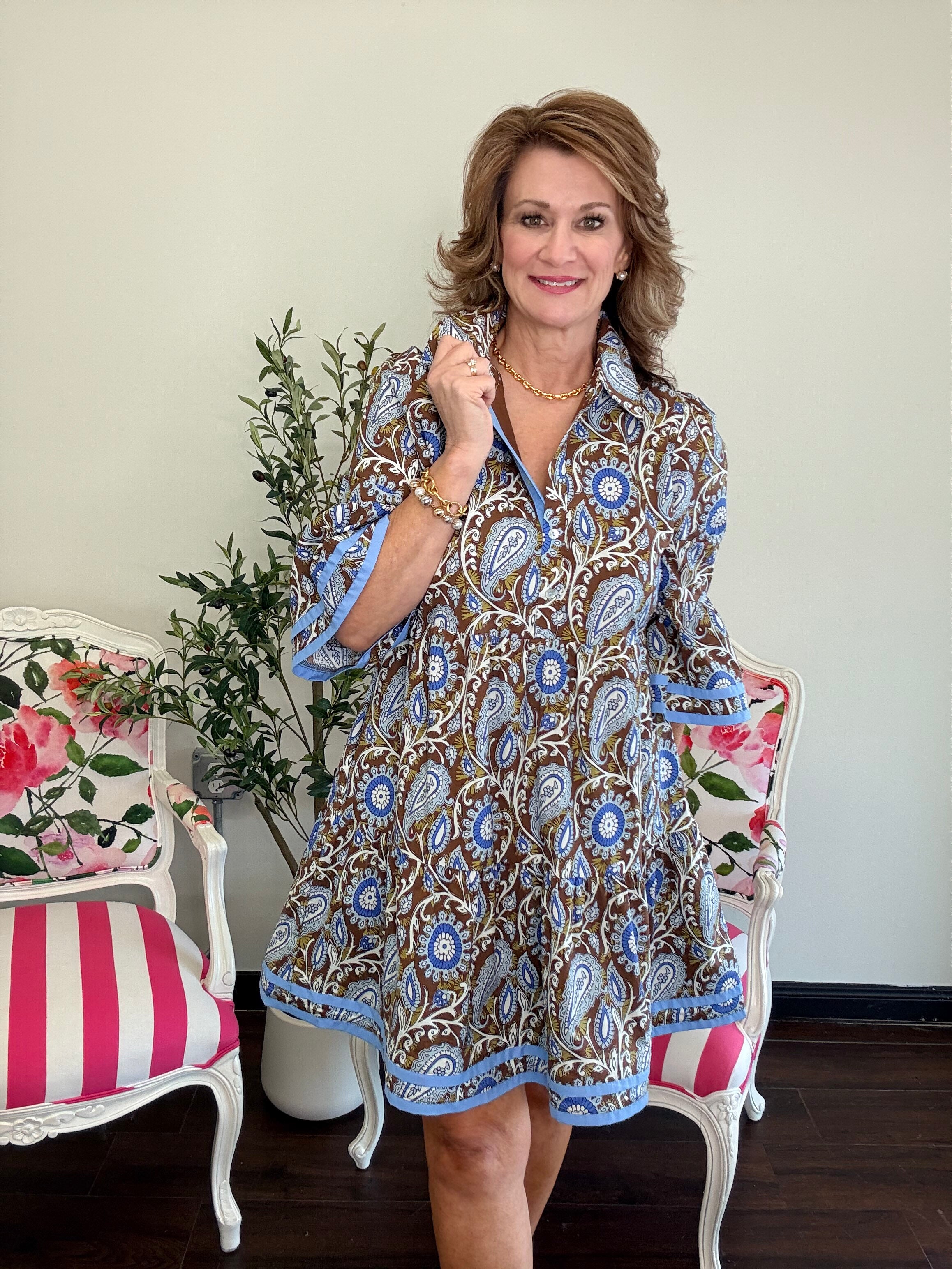 Caris 3/4 Bell Sleeve Paisley Dress-Brown
