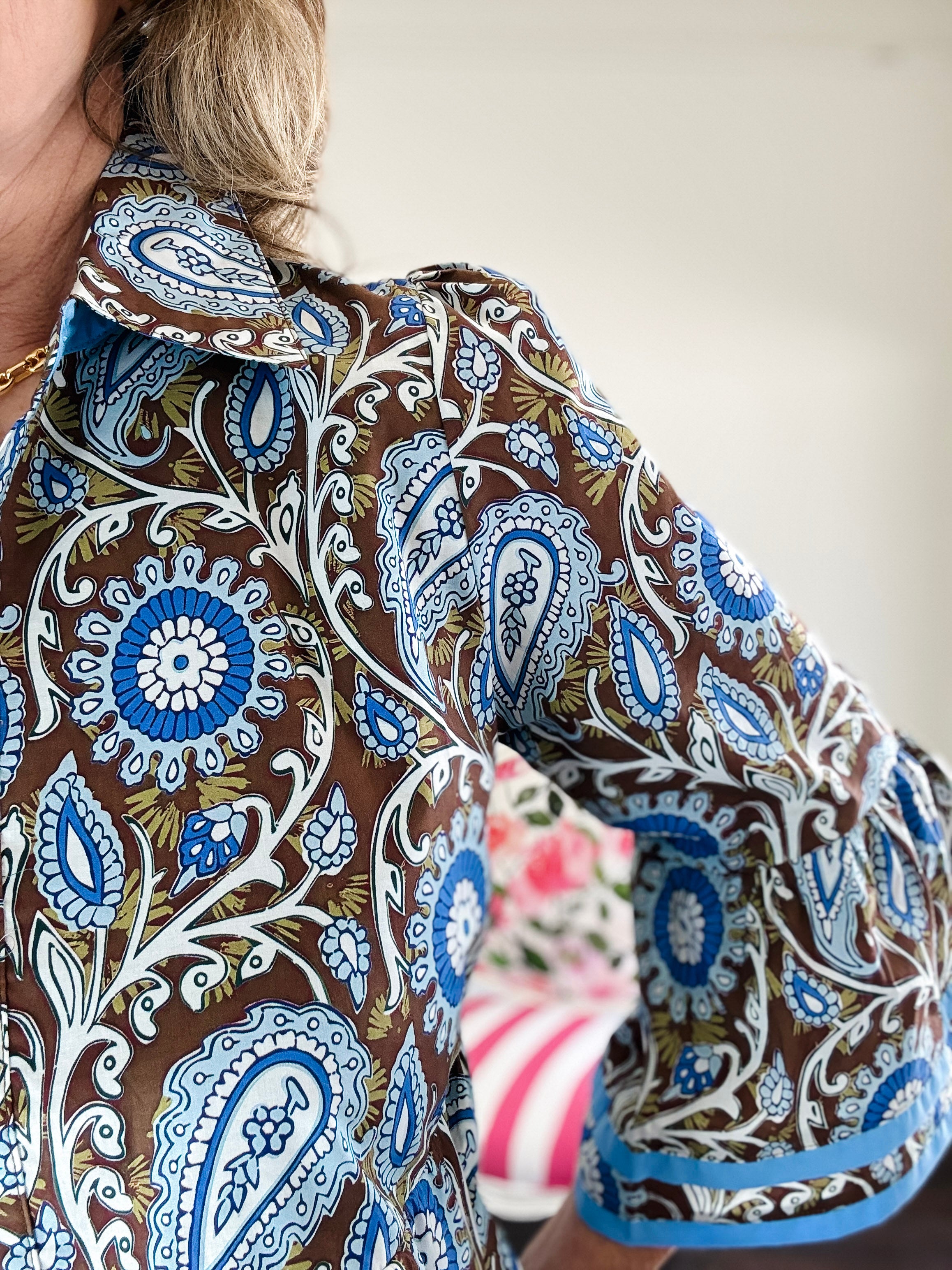 Caris 3/4 Bell Sleeve Paisley Dress-Brown