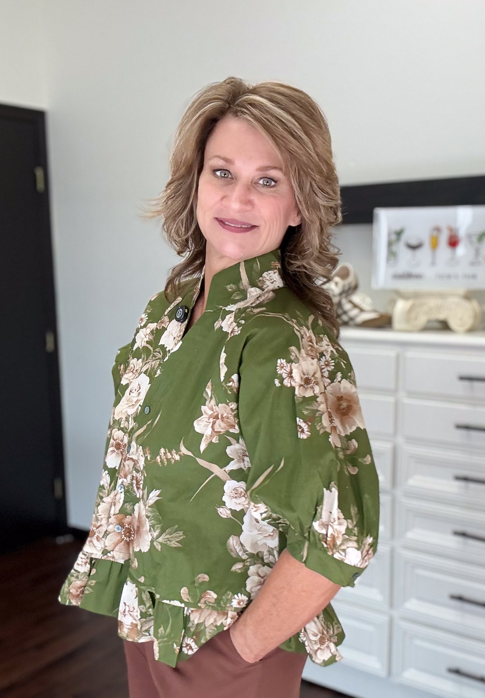 Classic Peplum Ruffle Hem Floral-Olive