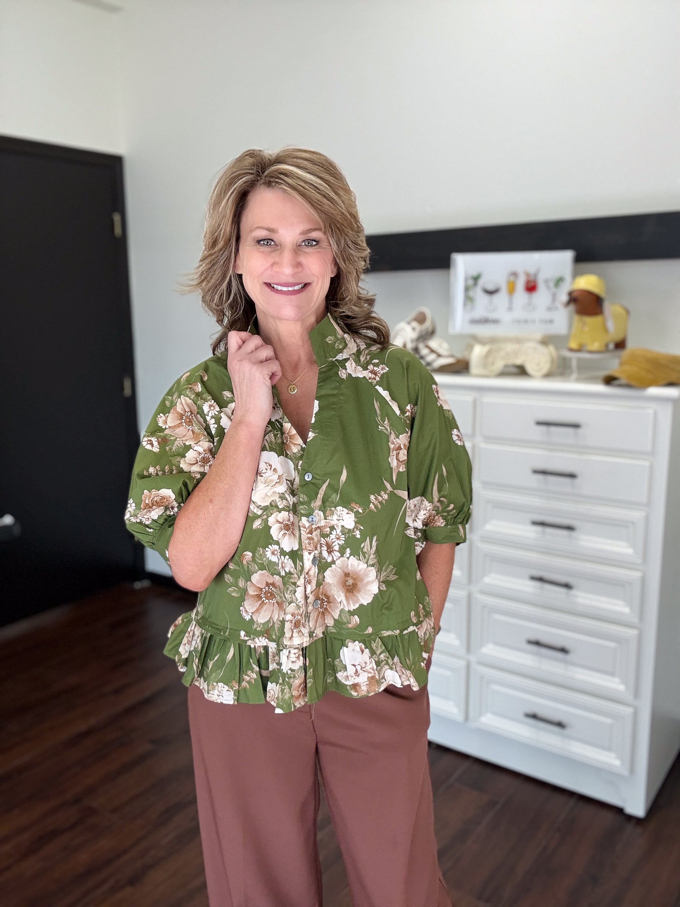 Classic Peplum Ruffle Hem Floral-Olive