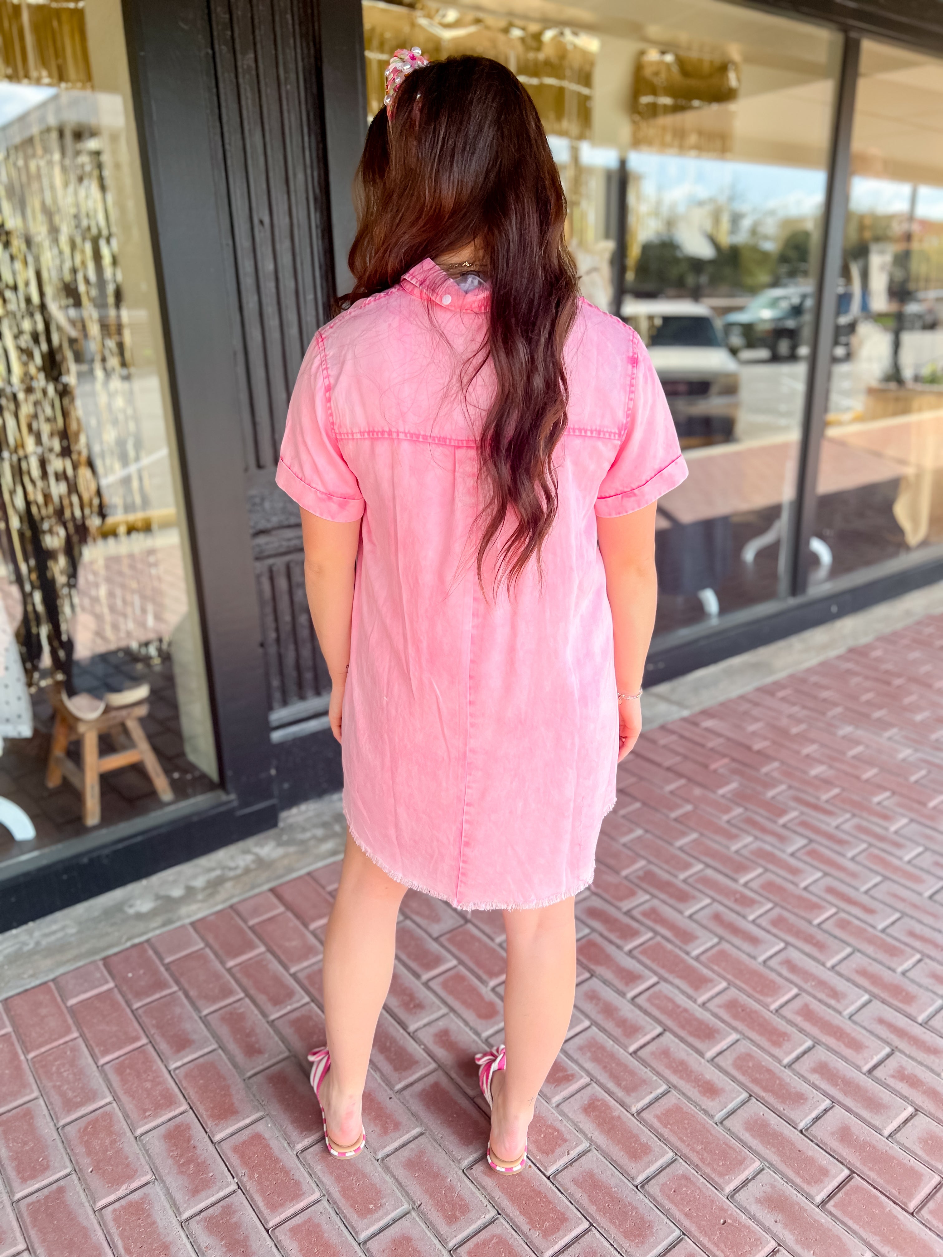 Washed Denim Shirt Dress in Pink