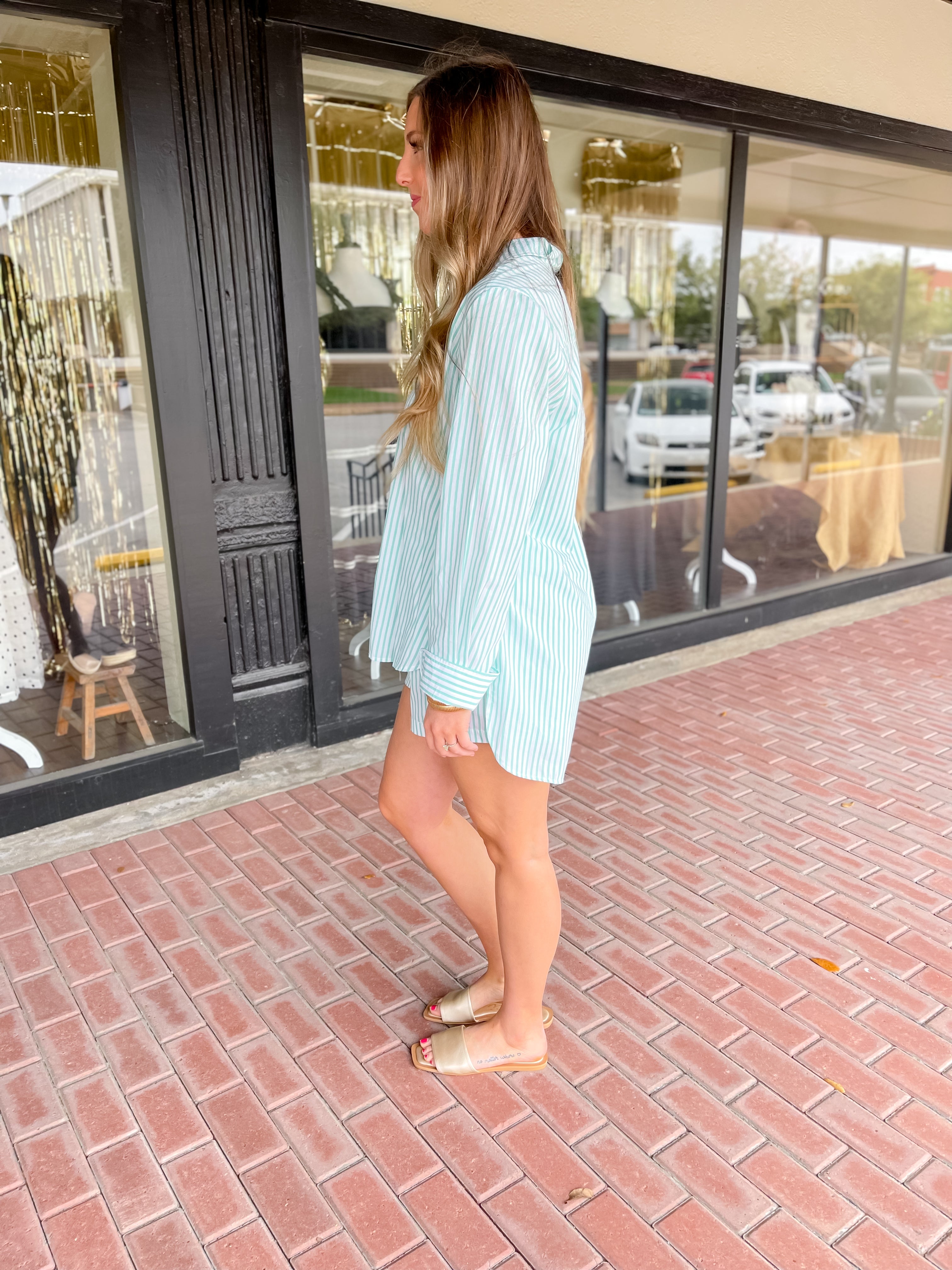 Kelly Green Striped Button Down Top