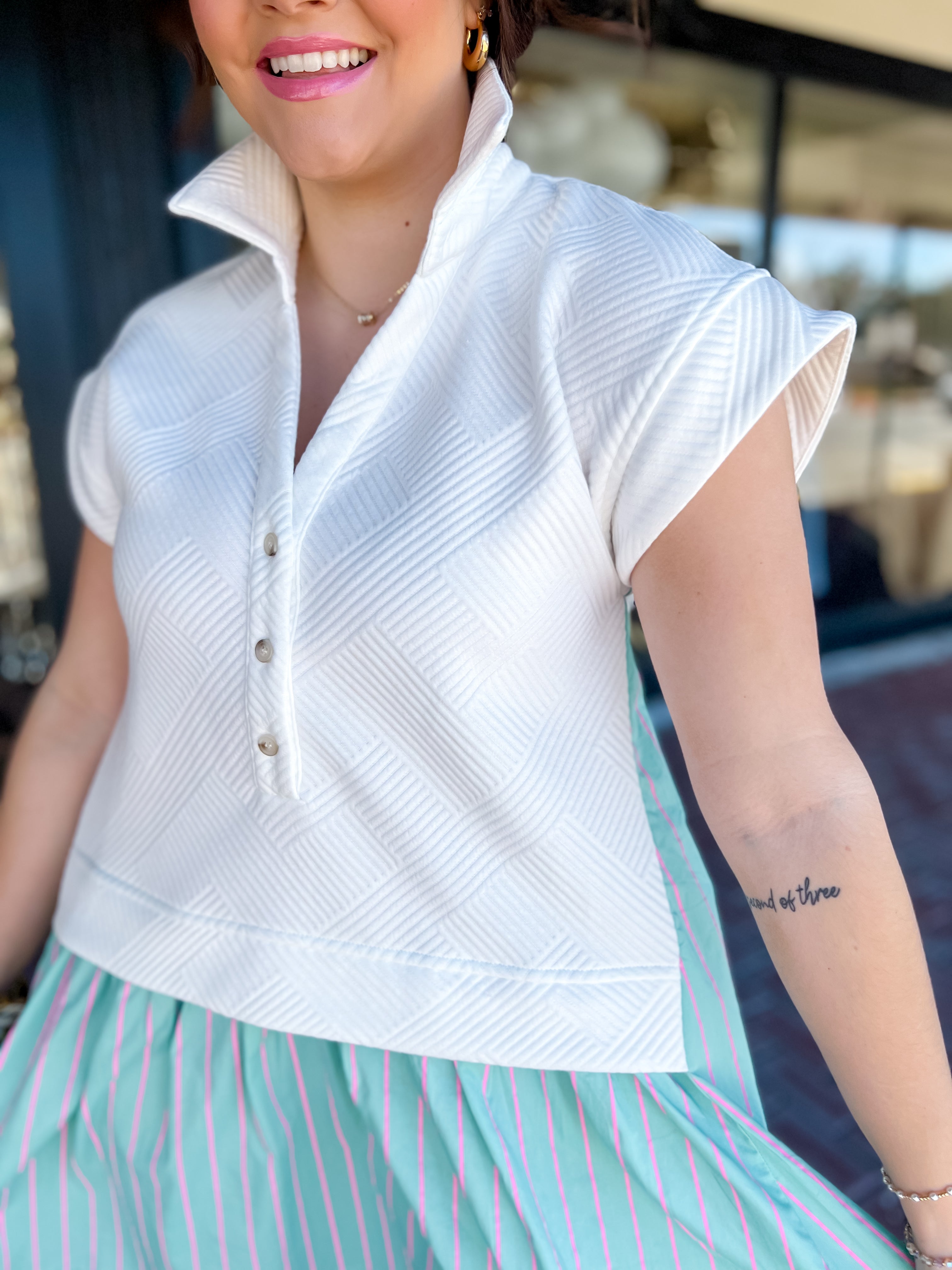 [entro]  Textured Pinstripe Mini Dress-Off White