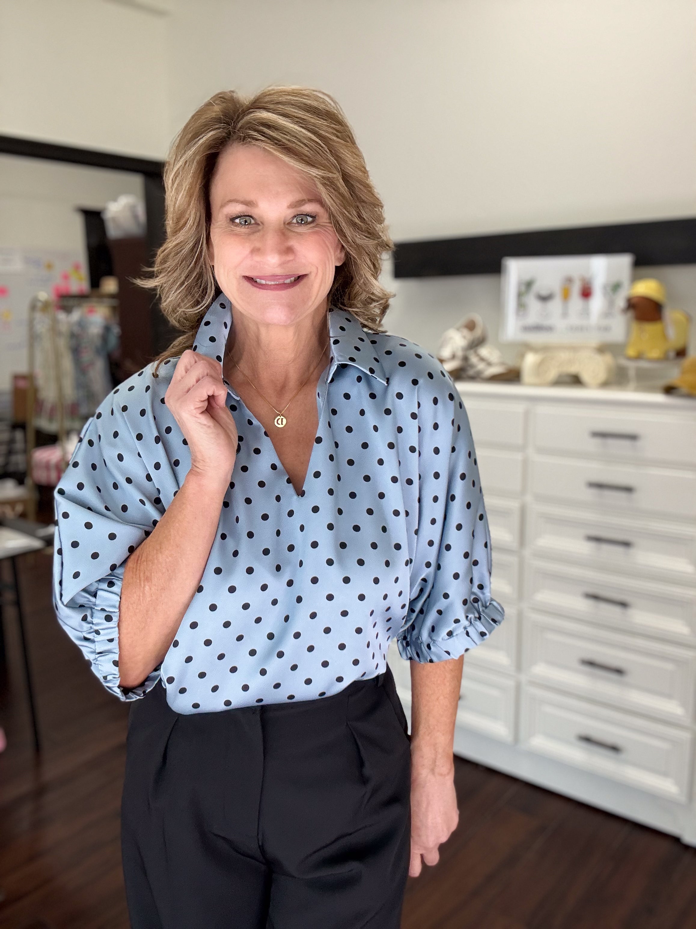 Dainty Dot Scalloped Blouse - Blue