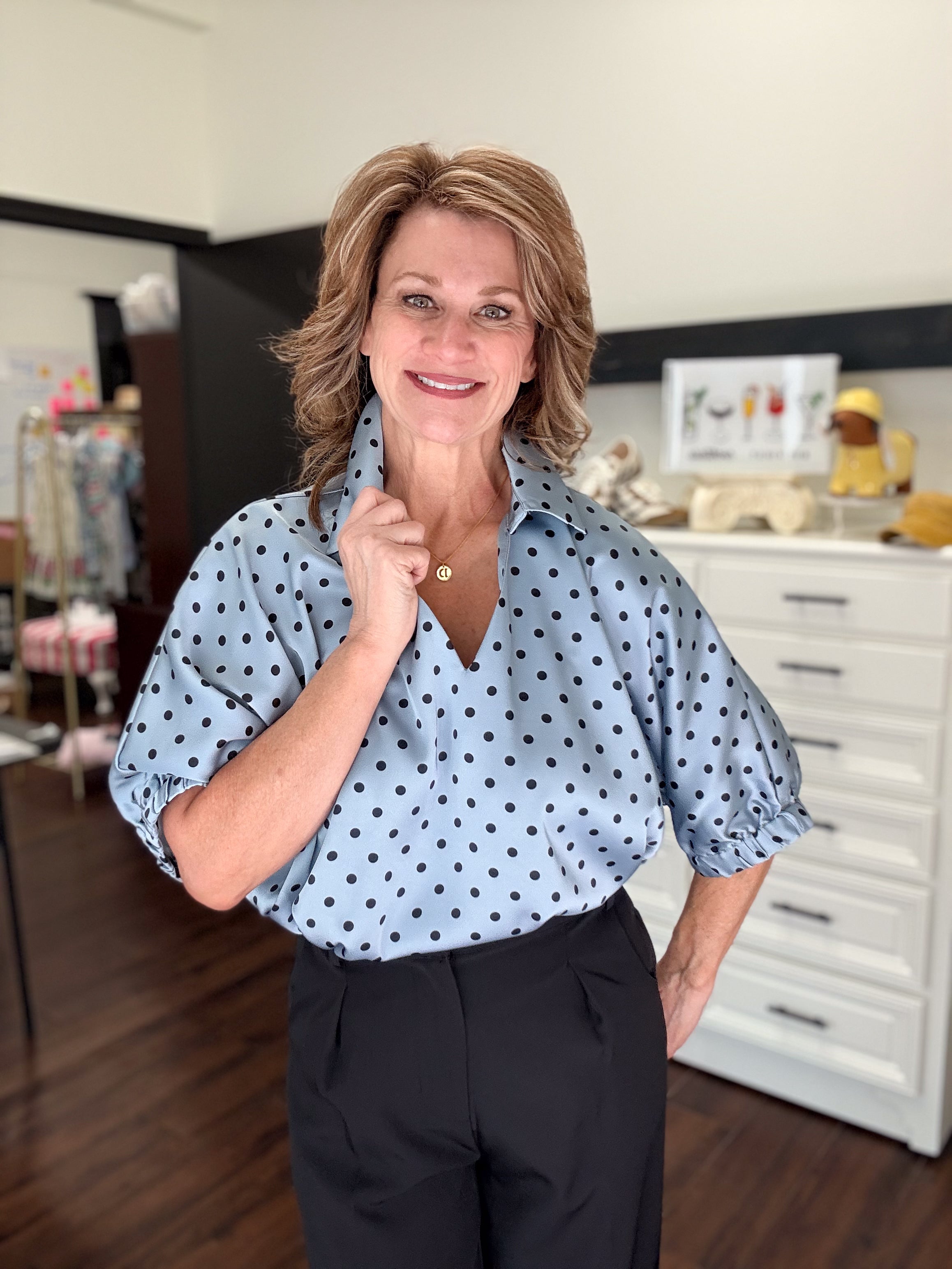 Dainty Dot Scalloped Blouse - Blue