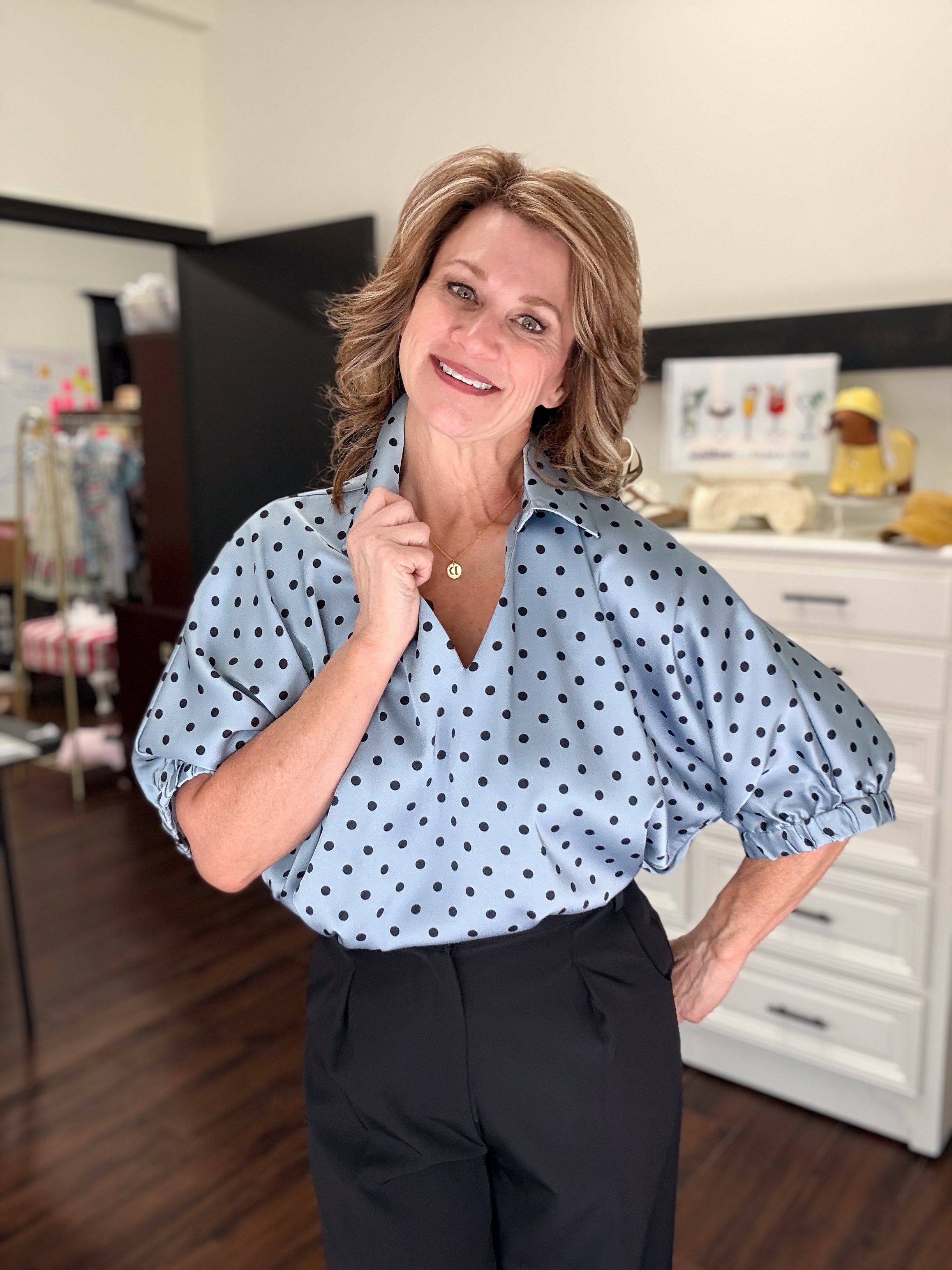 Dainty Dot Scalloped Blouse - Blue
