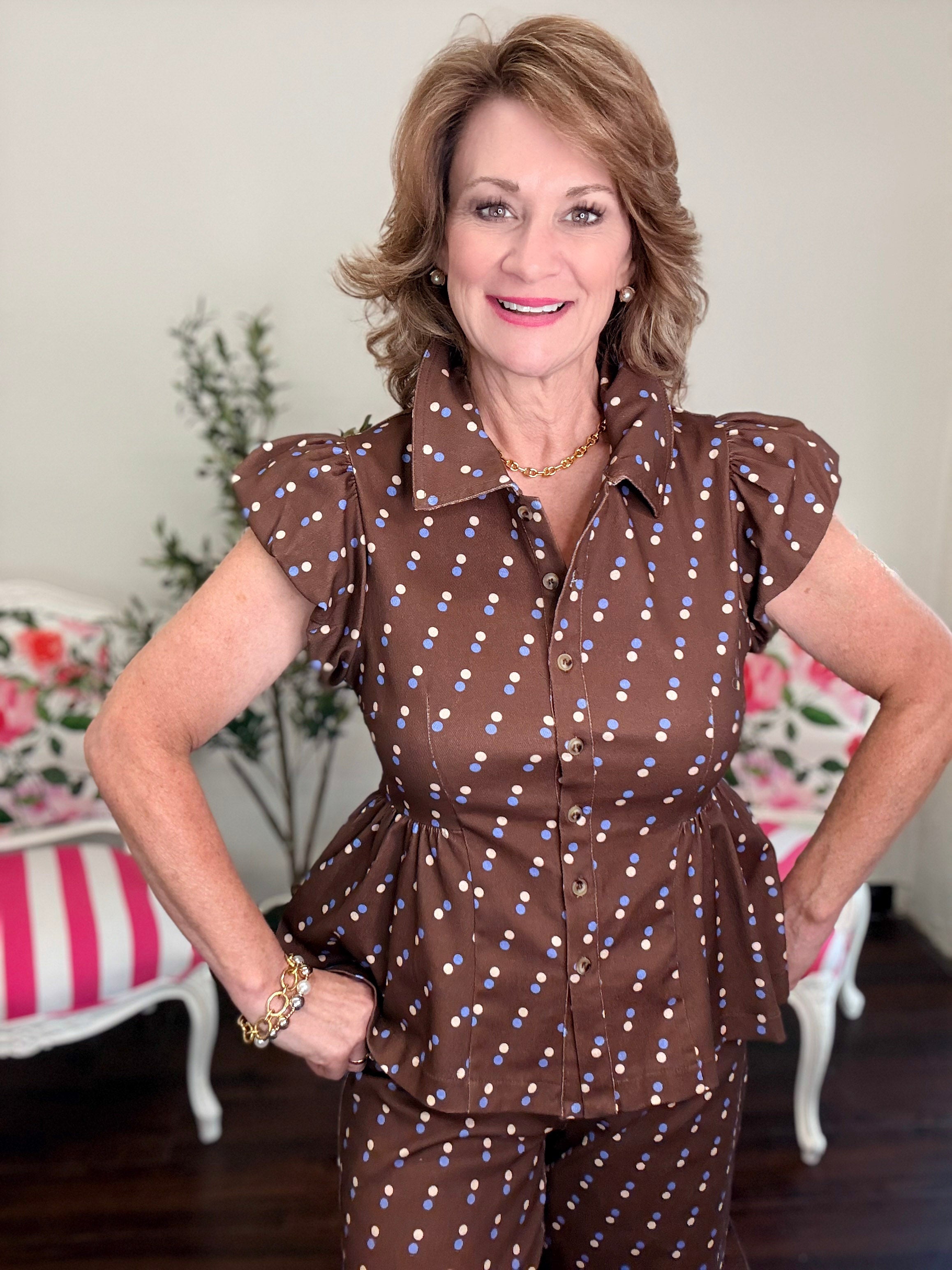 Denim Polka Dot Cap Sleeve Top-Brown