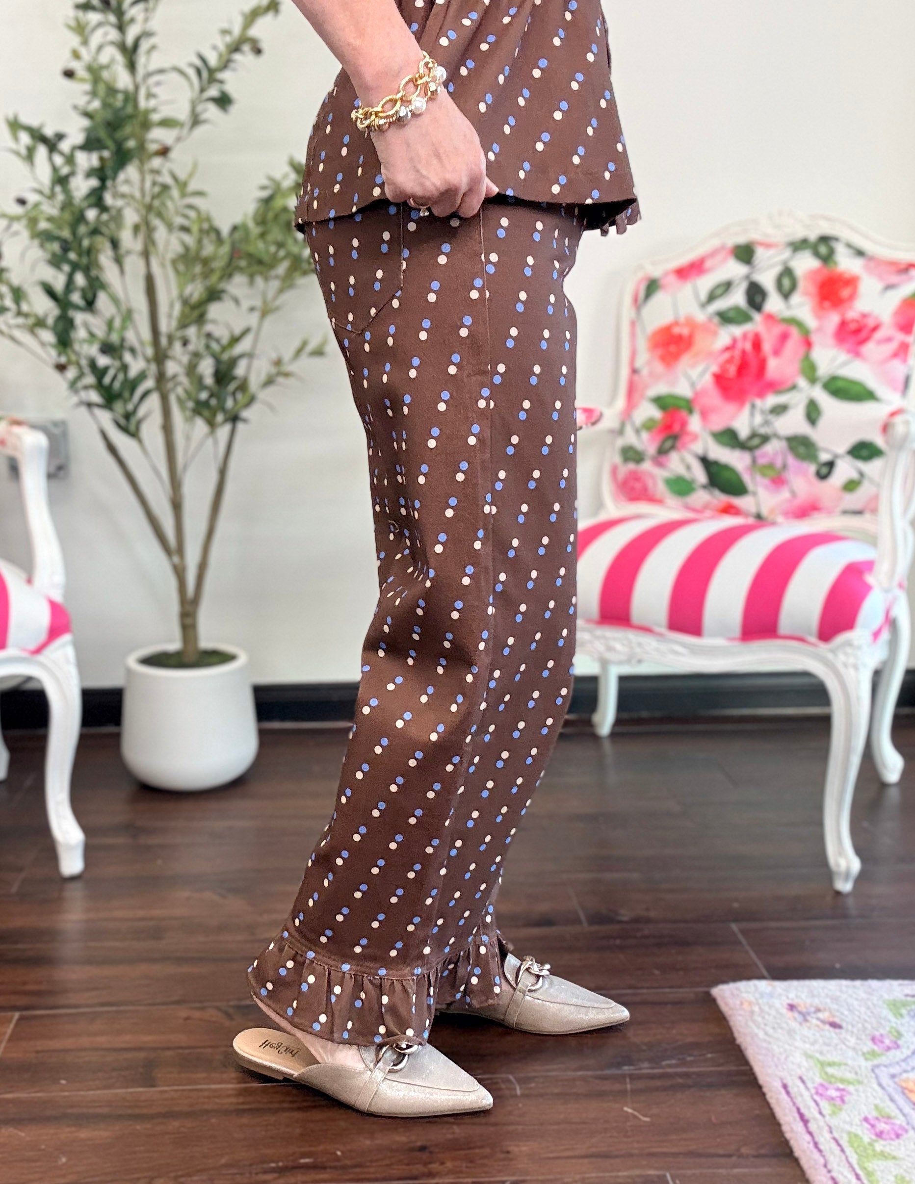 Denim Polka Dot Pant-Brown